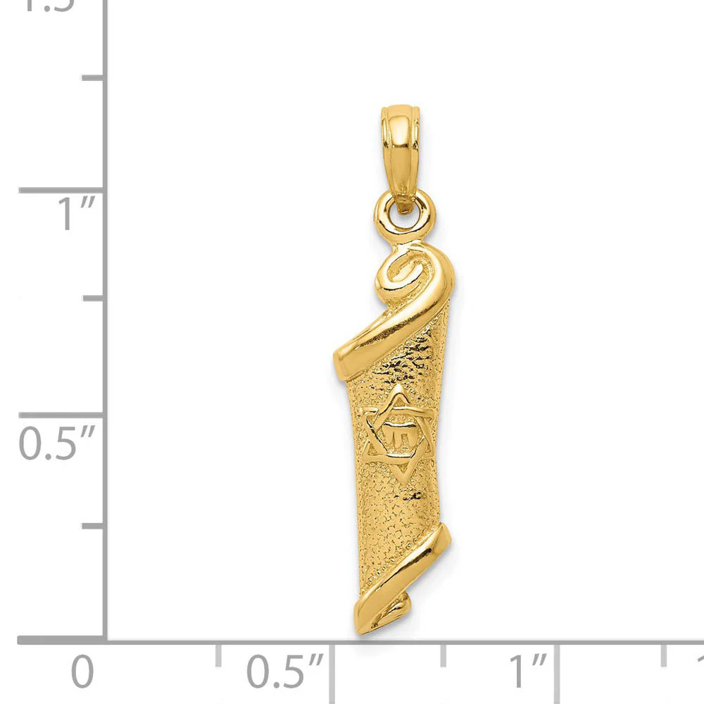 14k Yellow Gold 3D Torah with Star of David Pendant, 8 x 30mm - Image 3