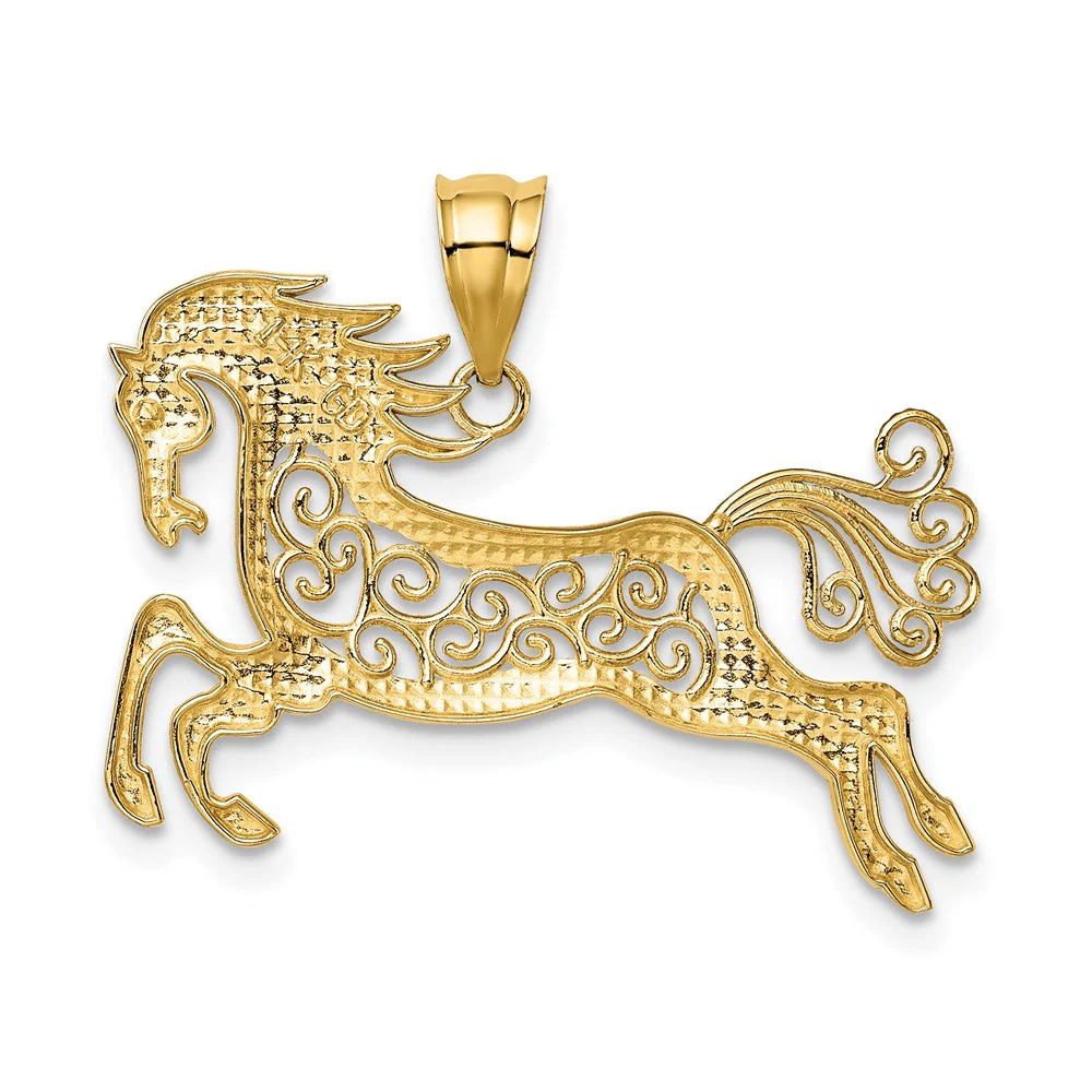 14k Yellow Gold and White Rhodium Two Tone Filigree Horse Pendant - Image 2
