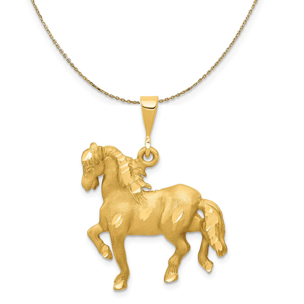 14k Yellow Gold Diamond Cut Horse Necklace, 25mm