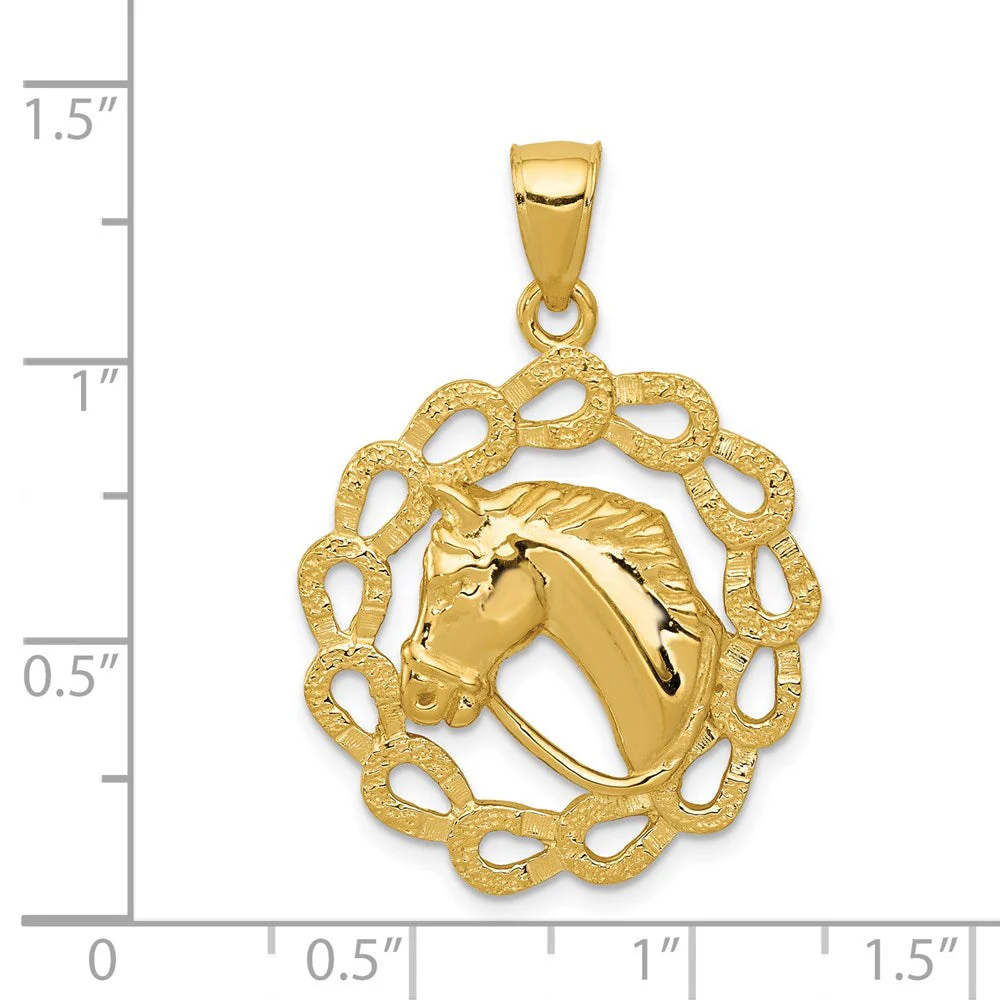 14k Yellow Gold Horse Head and Horseshoe Wreath Pendant, 24mm - Image 4