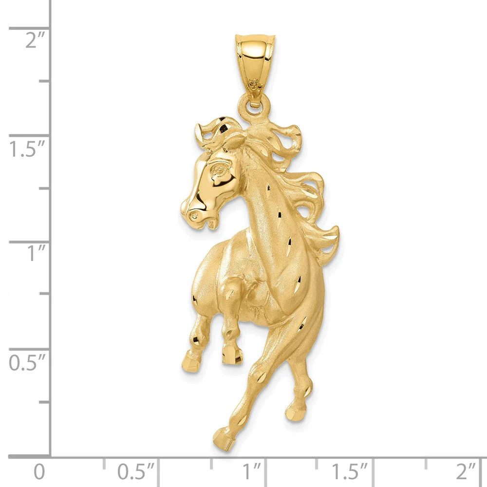 14k Yellow Gold Large Polished and Satin Galloping Horse Pendant - Image 5
