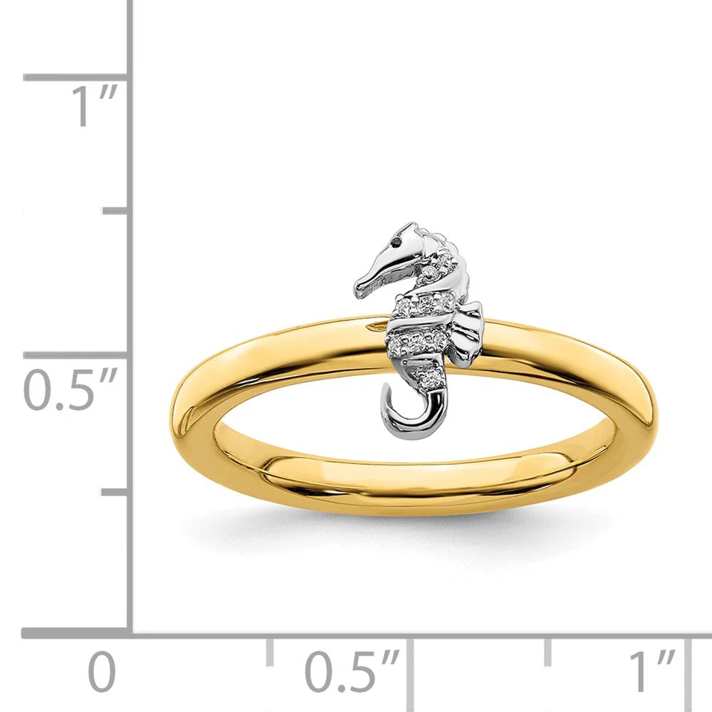 14k Yellow Gold Plated, Sterling Silver & Diamond Stack Seahorse Ring - Image 3
