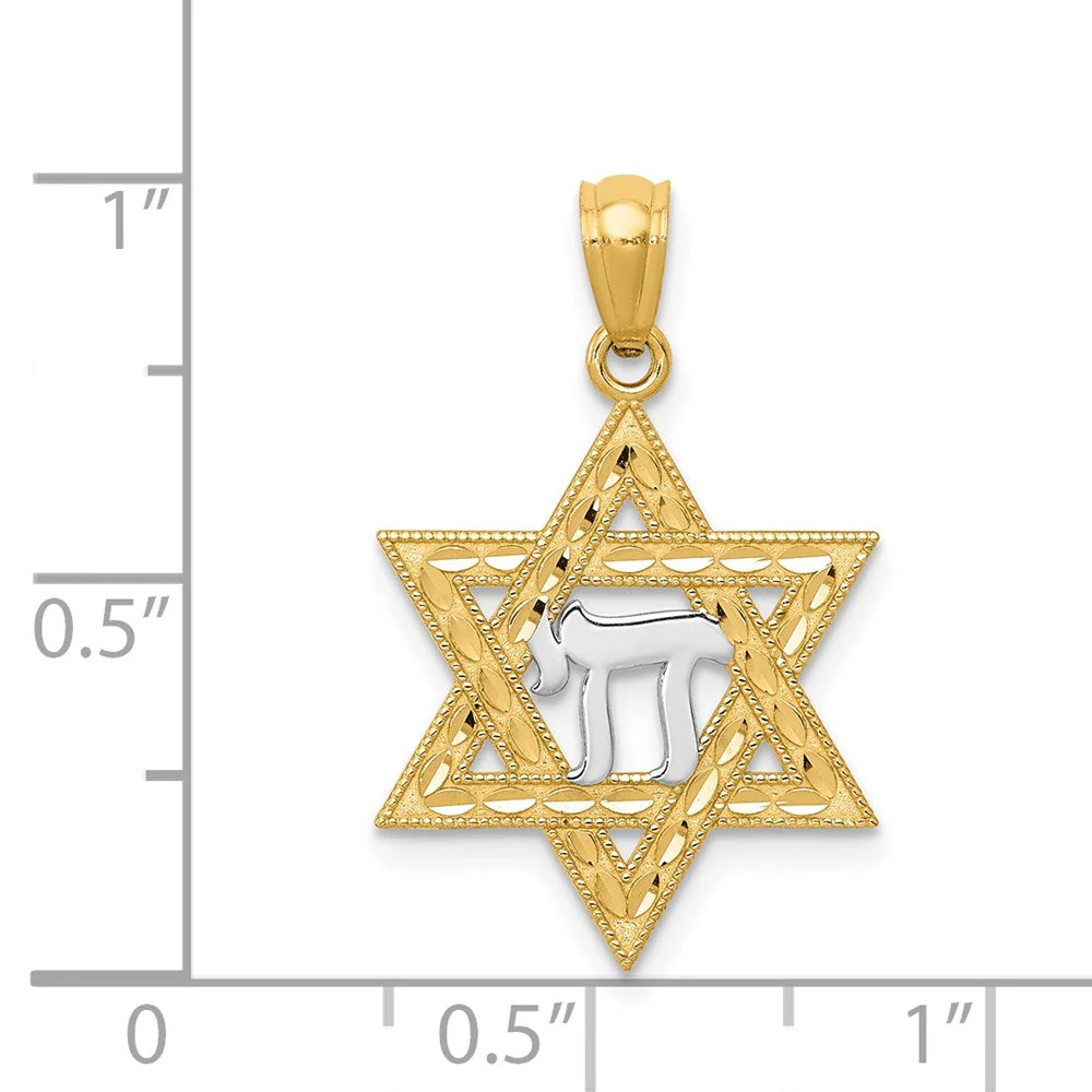 14k Yellow Gold & Rhodium D/C Star of David & Chai Pendant, 16mm - Image 4