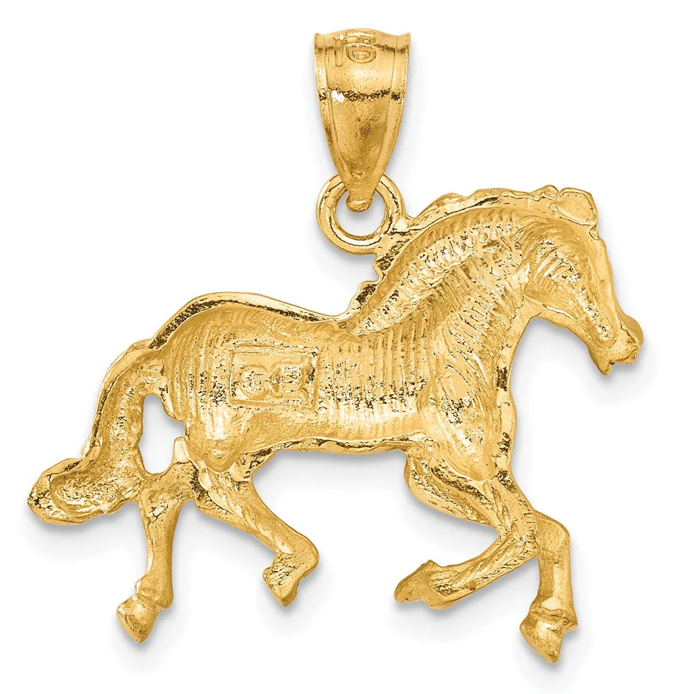 14k Yellow Gold Satin and Diamond Cut Horse Pendant, 22mm - Image 3