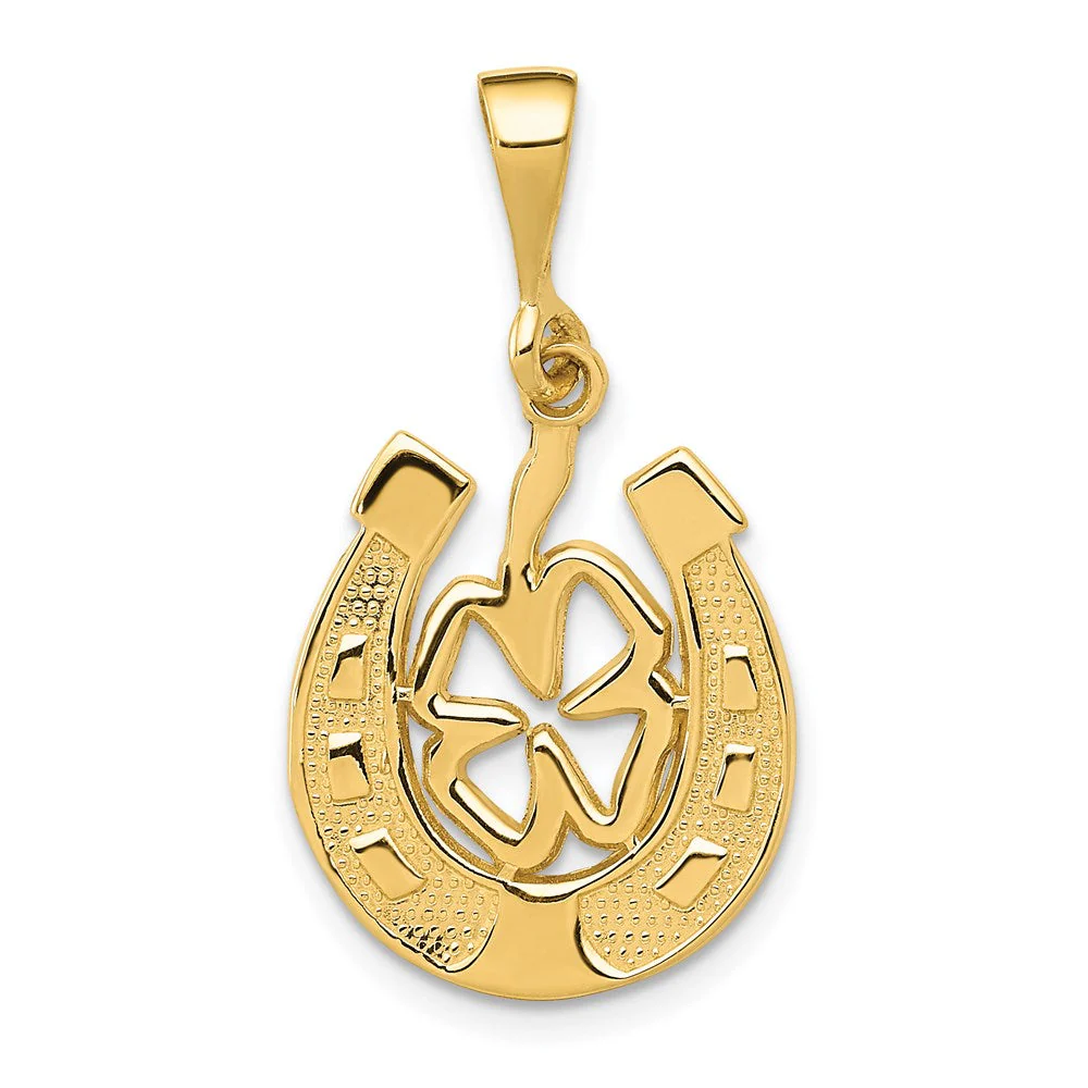 14k Yellow or White Gold Four Leaf Clover and Horseshoe Pendant, 15mm - Image 7