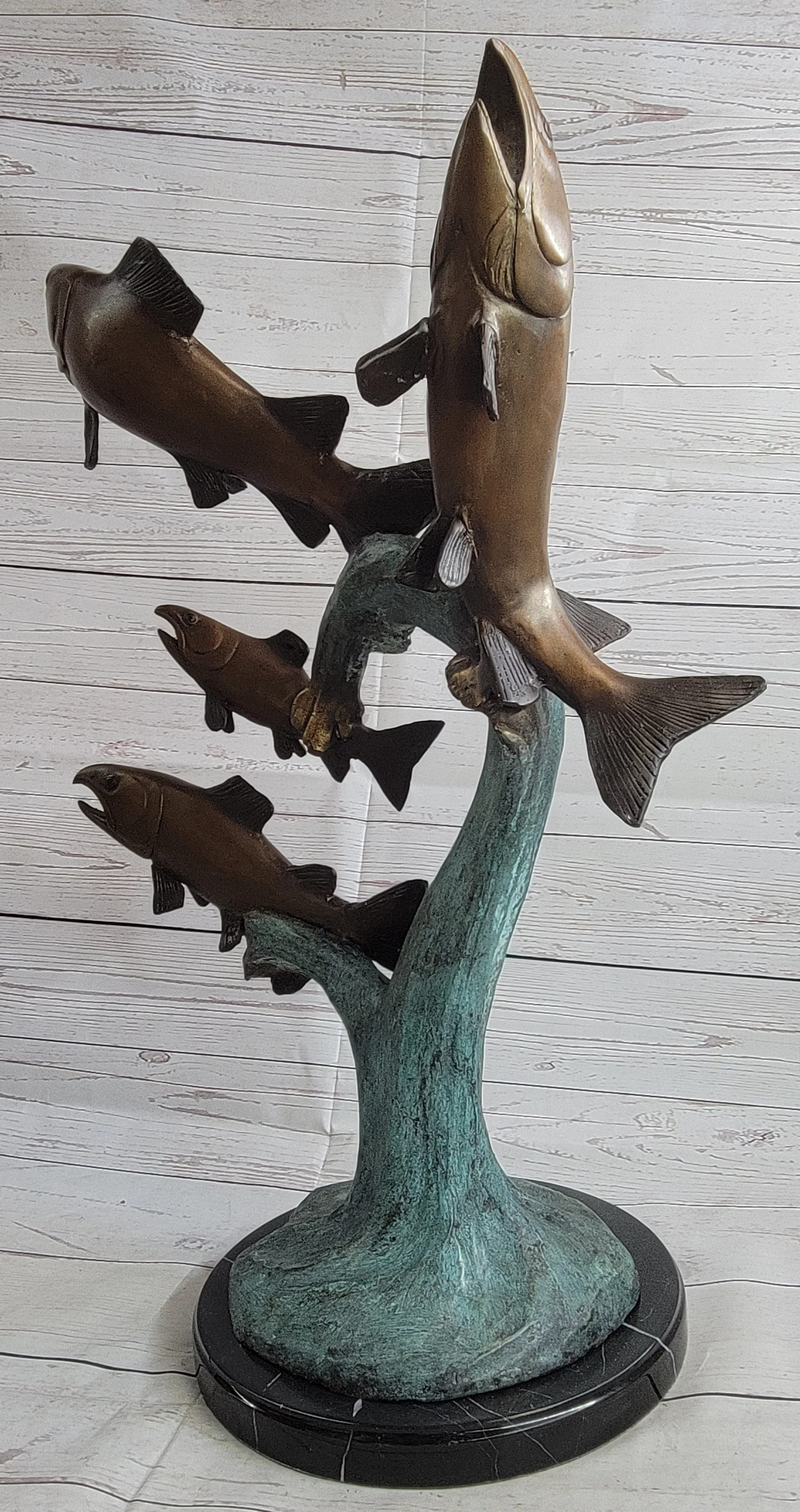 4 Fish Jumping Out of Water Bronze Metal Statue Sculpture Marine Decor 25" x 18" - Image 3
