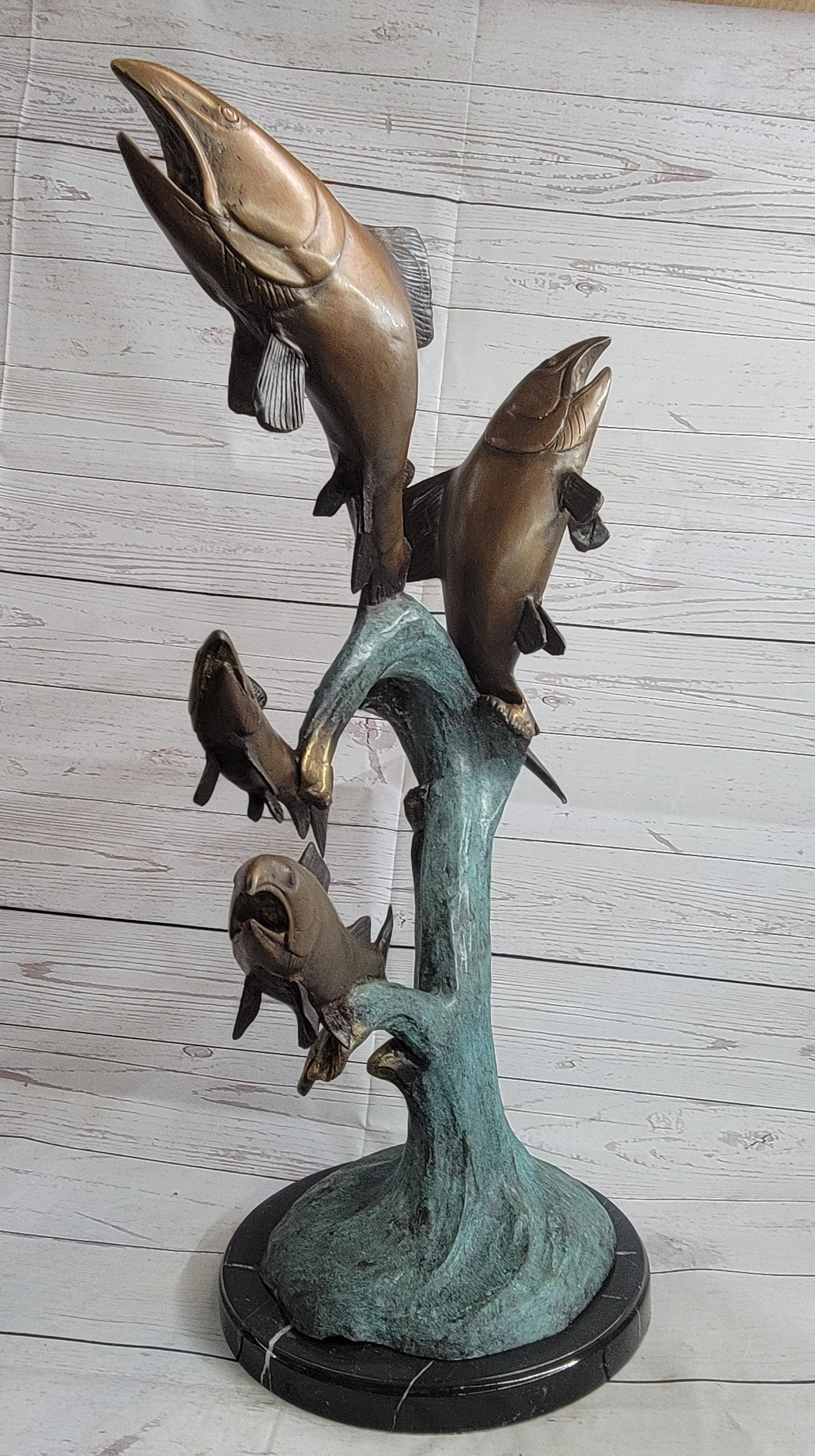 4 Fish Jumping Out of Water Bronze Metal Statue Sculpture Marine Decor 25" x 18" - Image 4