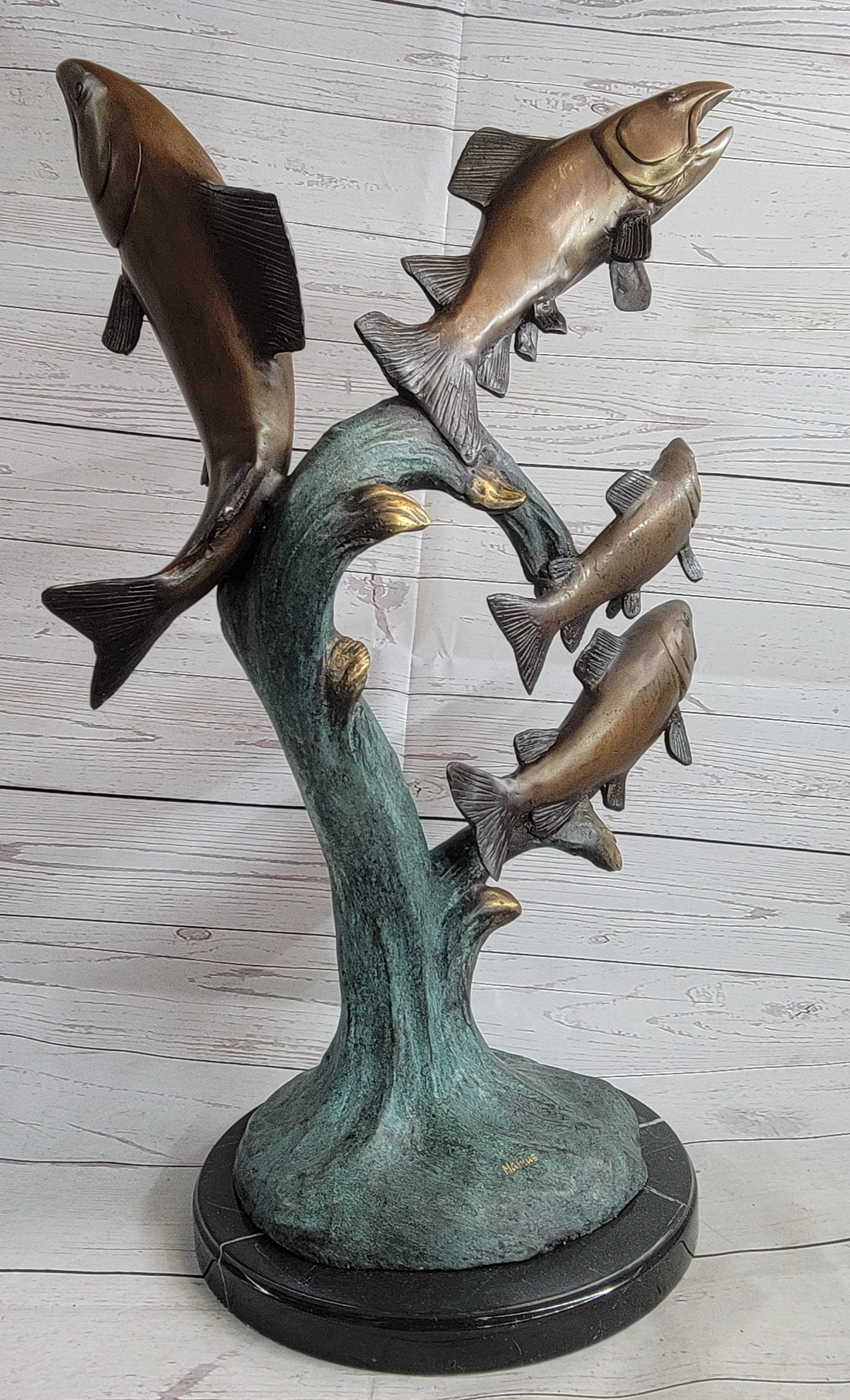 4 Fish Jumping Out of Water Bronze Metal Statue Sculpture Marine Decor 25" x 18" - Image 6