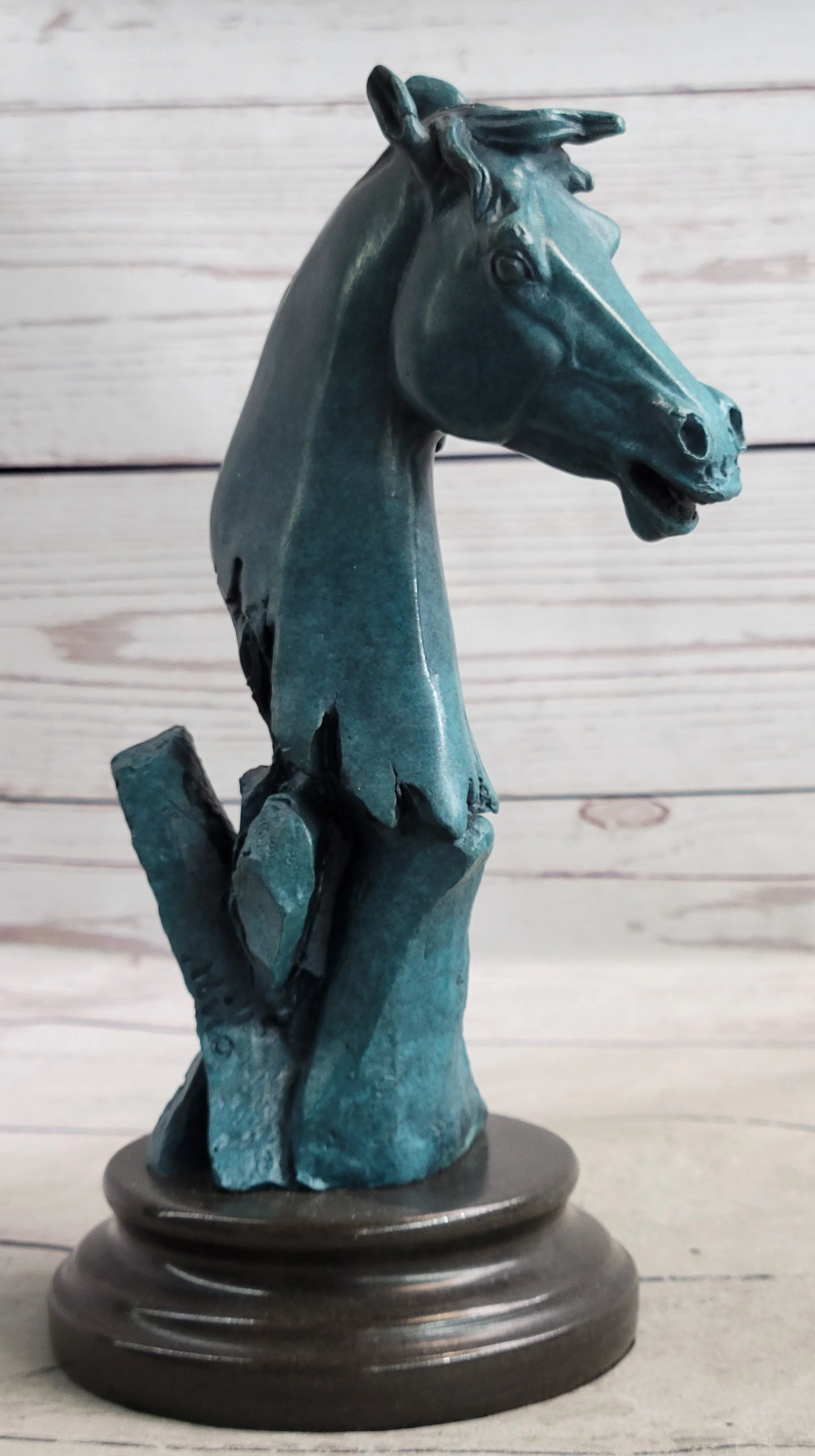 Abstract Horse Head Bust Bronze Sculpture Statue Blue Green Patina Original Art - Image 3