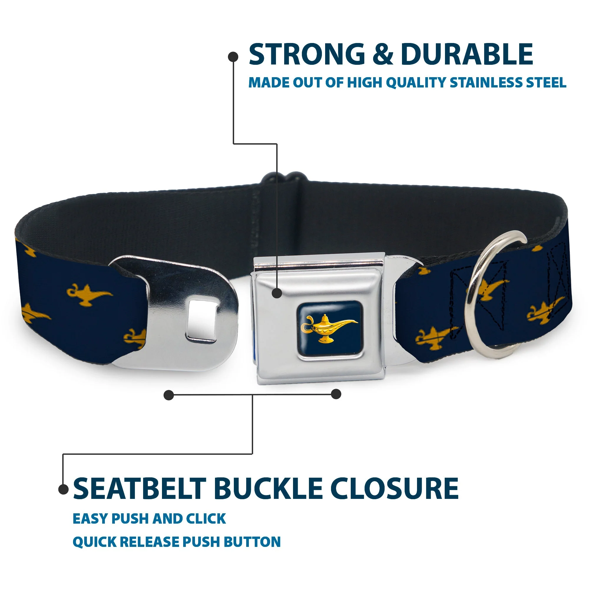 Aladdin 2019 Magic Lamp Full Color Navy/Golds Seatbelt Buckle Collar - Aladdin Genie Lamp Monogram Navy/Gold - Image 4