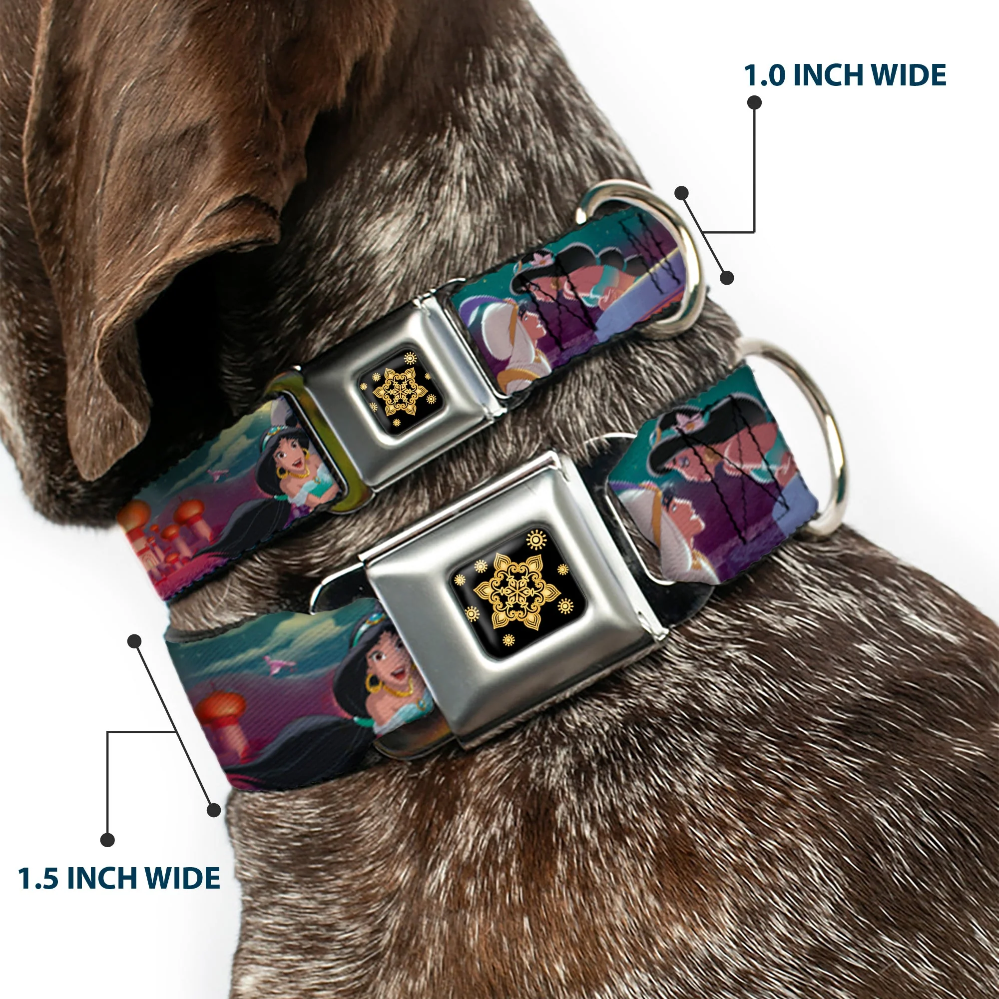 Aladdin Flower Motif Full Color Black/Gold Seatbelt Buckle Collar - Aladdin & Jasmine Scenes/Castle/Birds - Image 2