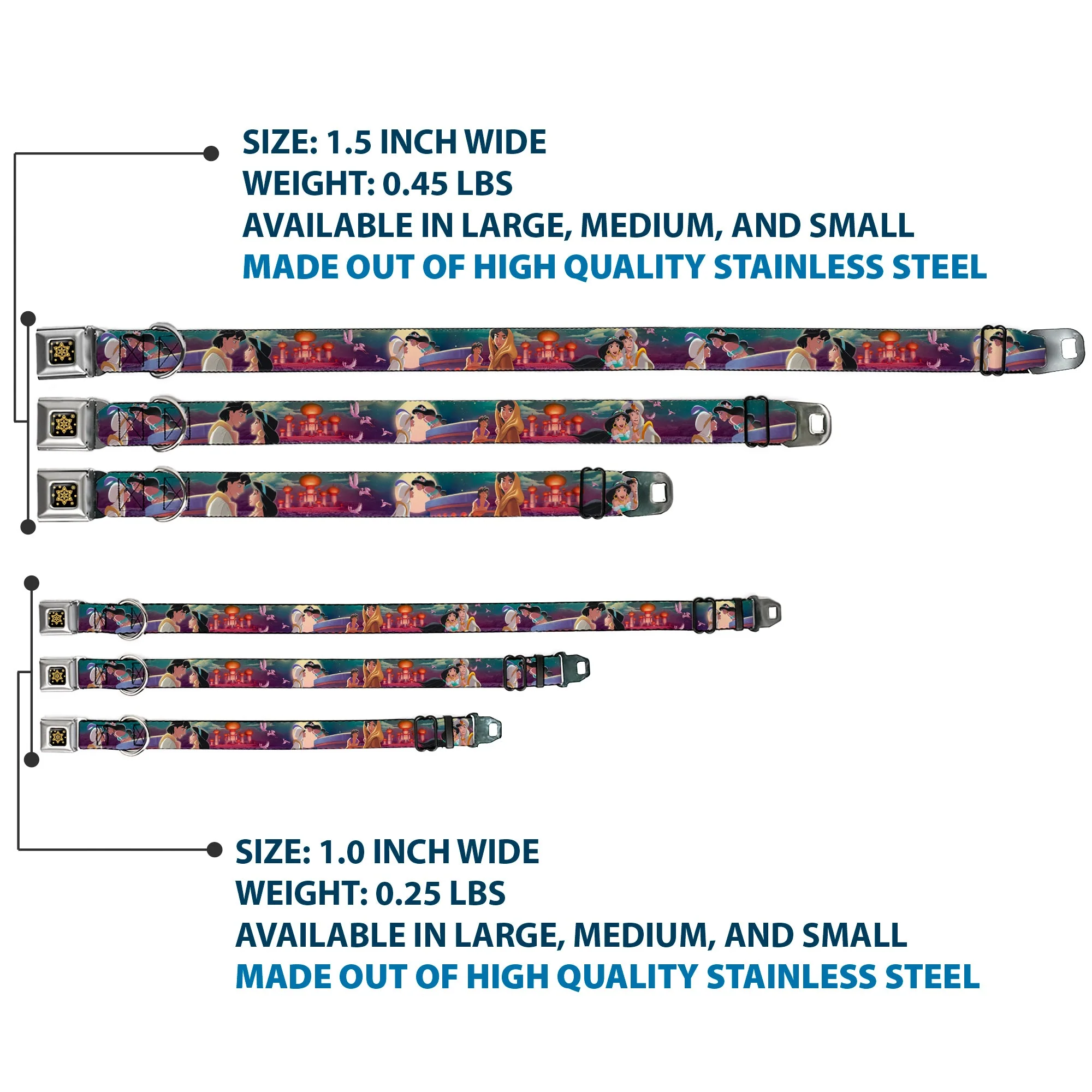 Aladdin Flower Motif Full Color Black/Gold Seatbelt Buckle Collar - Aladdin & Jasmine Scenes/Castle/Birds - Image 3
