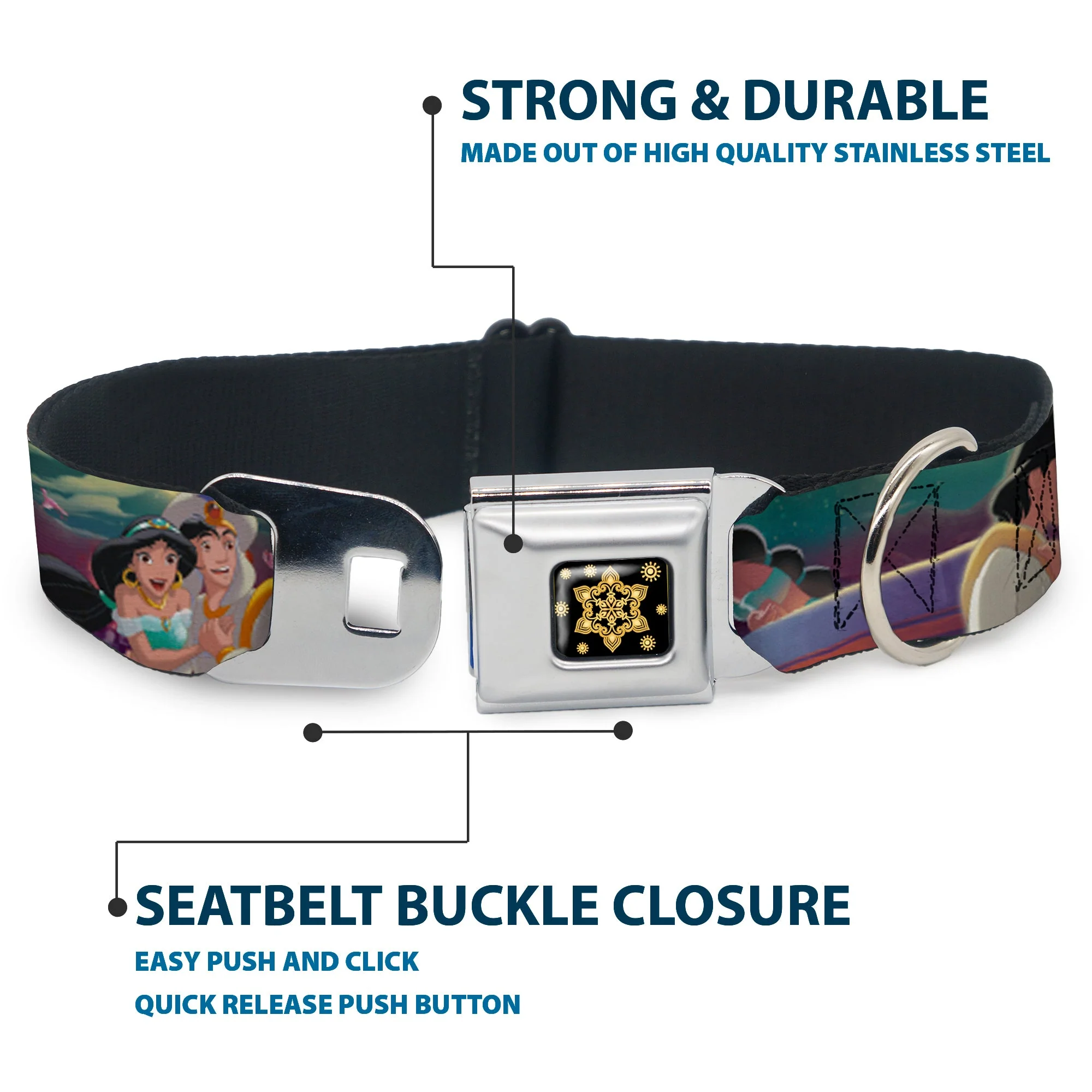 Aladdin Flower Motif Full Color Black/Gold Seatbelt Buckle Collar - Aladdin & Jasmine Scenes/Castle/Birds - Image 4