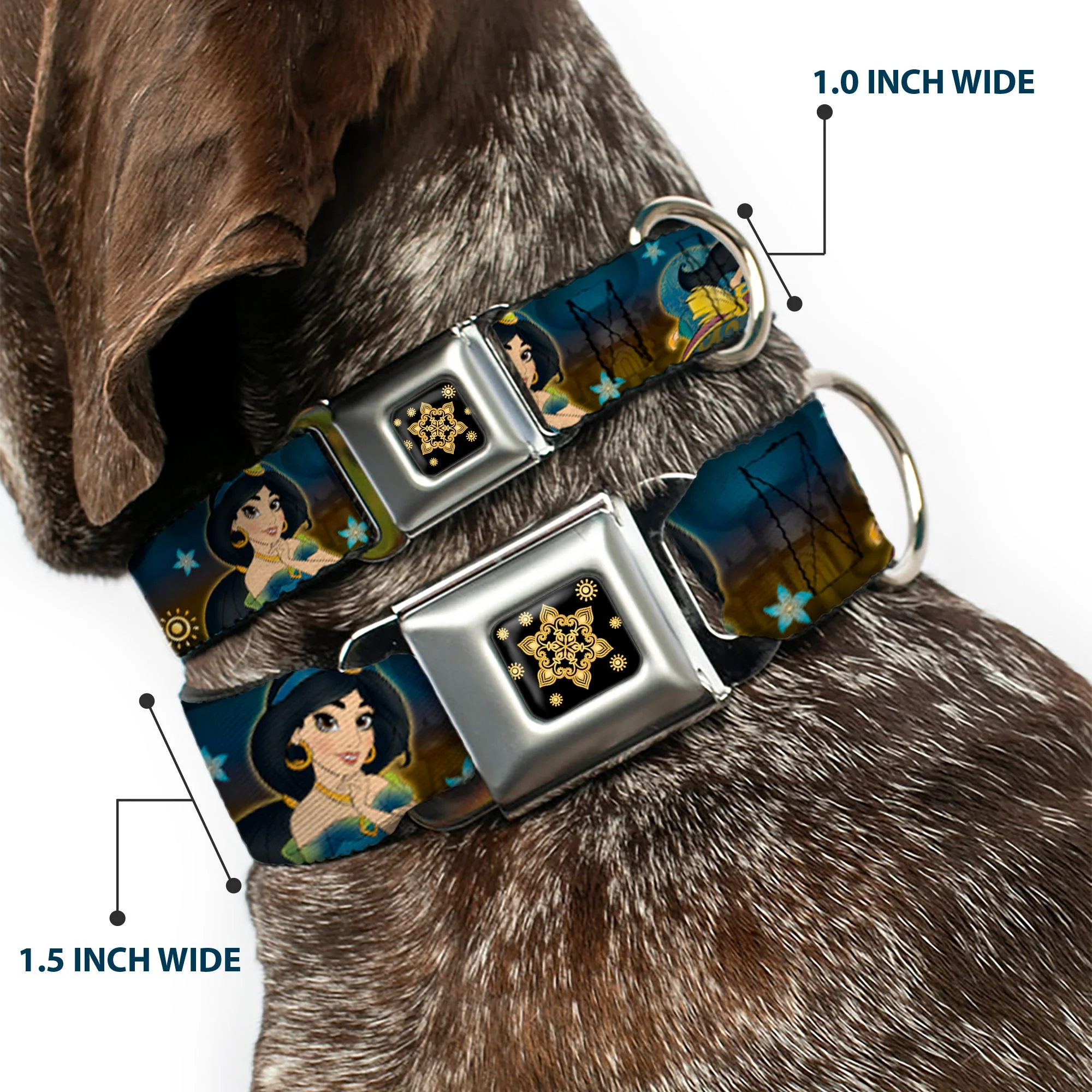 Aladdin Flower Motif Full Color Black/Gold Seatbelt Buckle Collar - Jasmine & Aladdin Carpet Ride/Jasmine Poses/Flowers - Image 2
