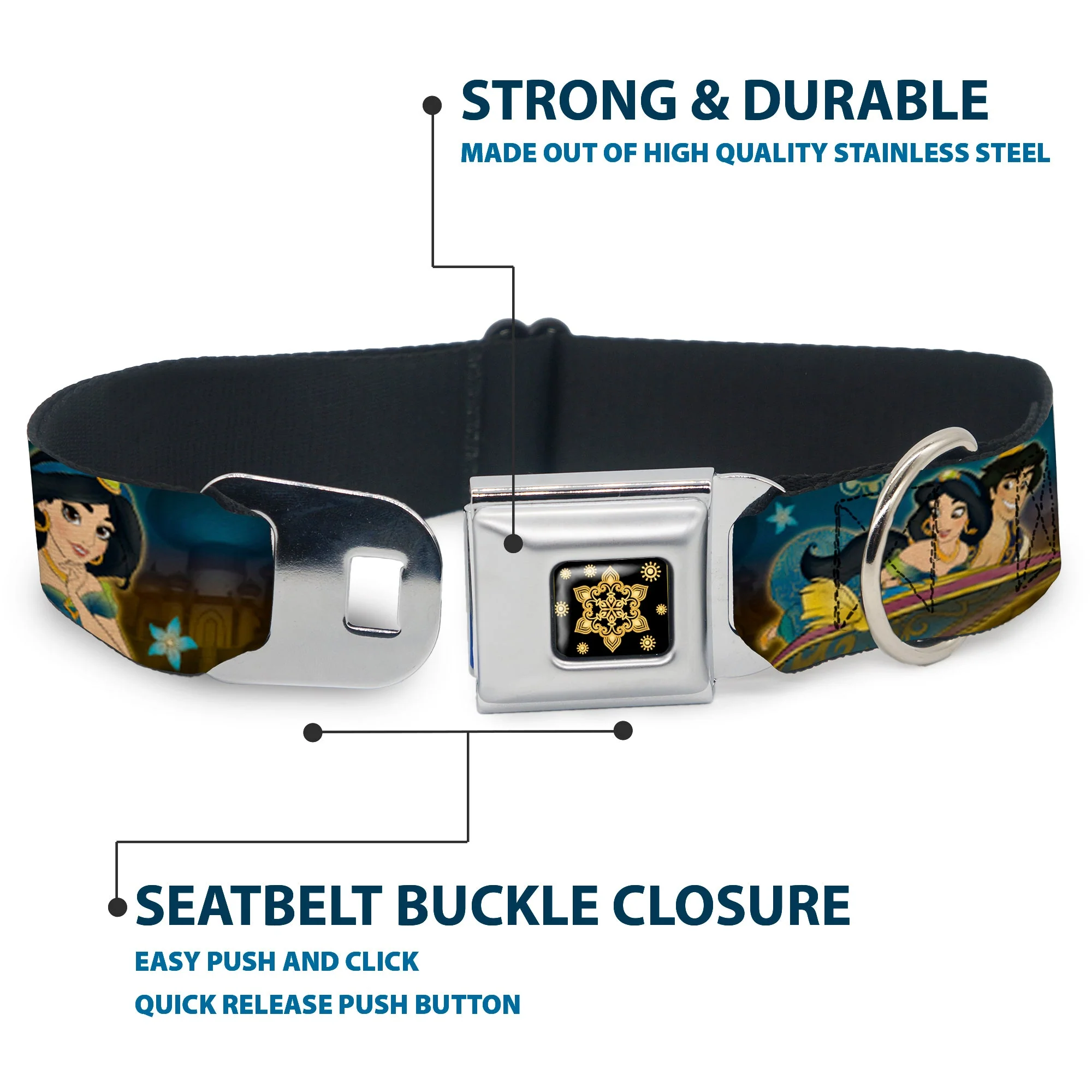 Aladdin Flower Motif Full Color Black/Gold Seatbelt Buckle Collar - Jasmine & Aladdin Carpet Ride/Jasmine Poses/Flowers - Image 4