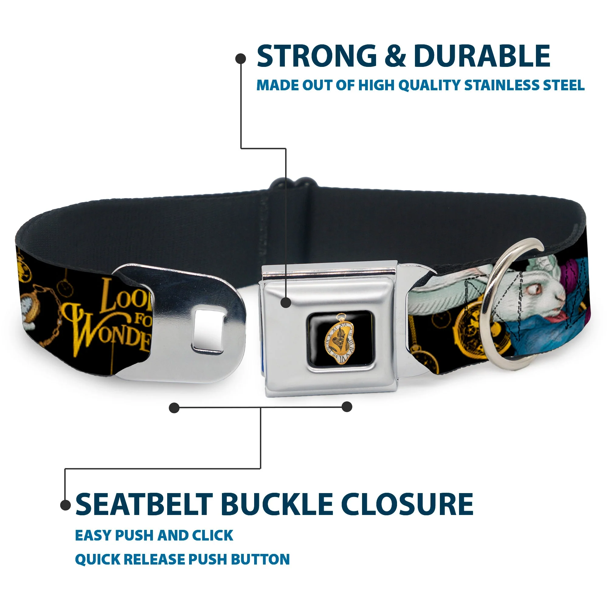Alice in Wonderland Clock Full Color Black/Gold/White Seatbelt Buckle Collar - White Rabbit Poses LOOKING FOR WONDERLAND/Clocks Black/Golds - Image 4
