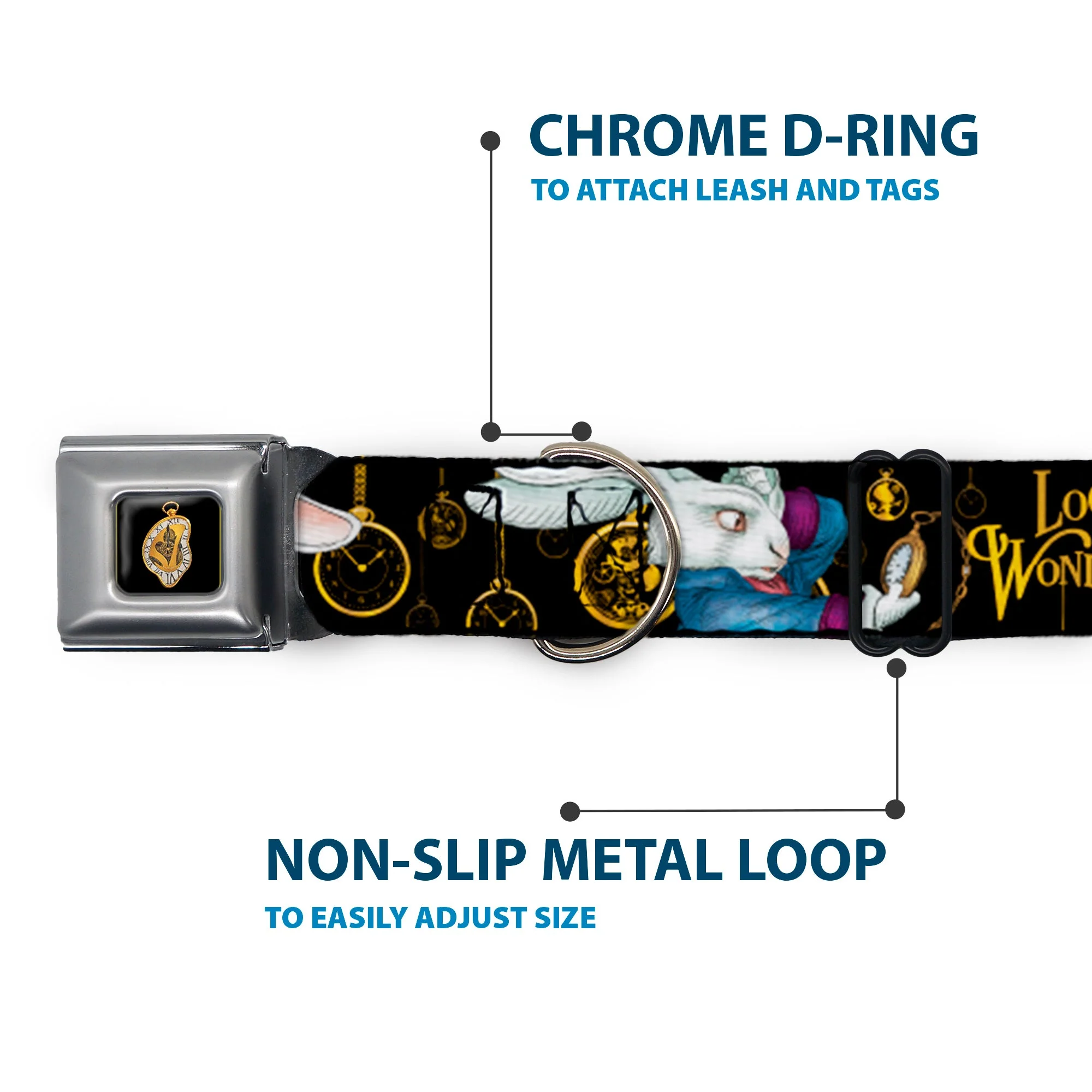 Alice in Wonderland Clock Full Color Black/Gold/White Seatbelt Buckle Collar - White Rabbit Poses LOOKING FOR WONDERLAND/Clocks Black/Golds - Image 5