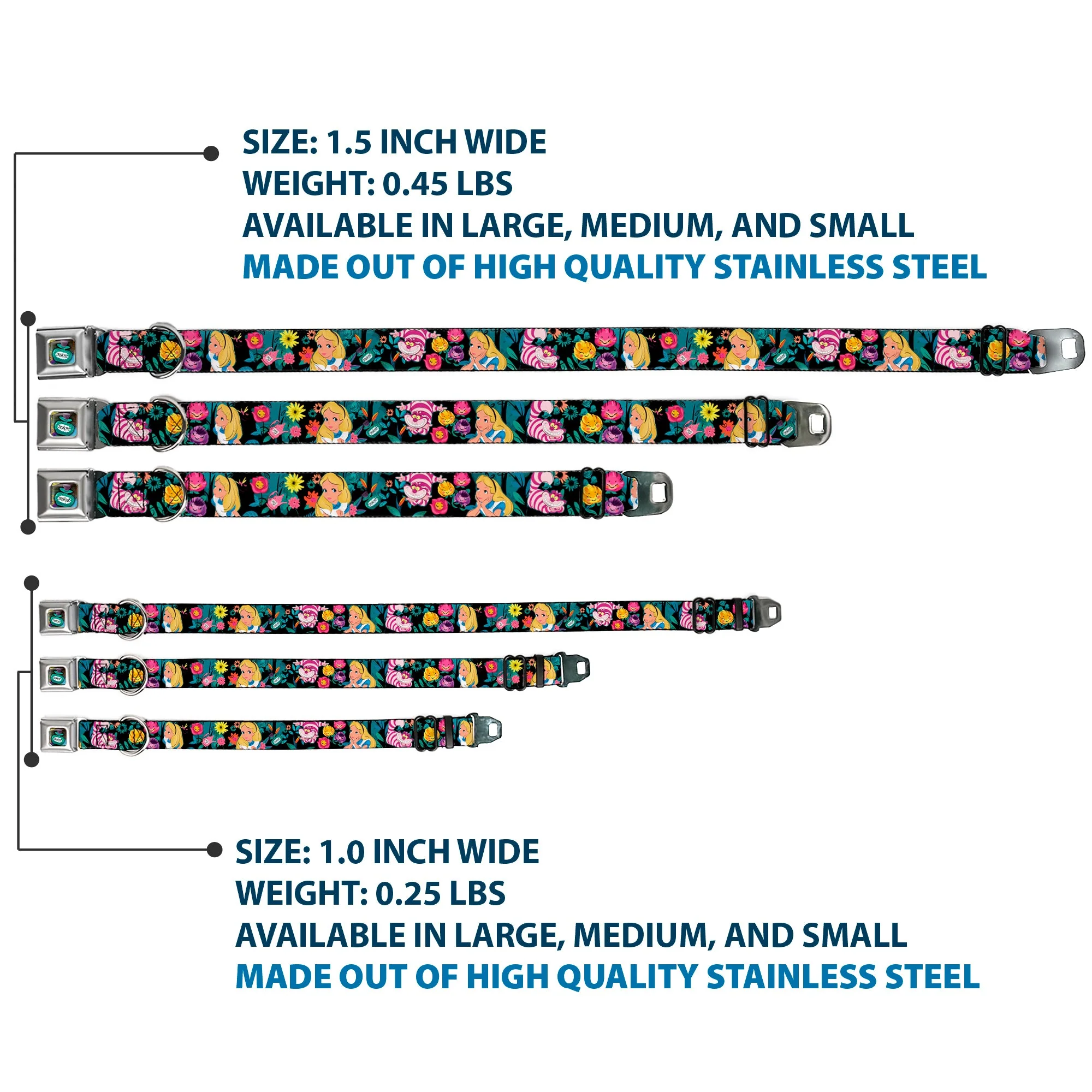 Alice in Wonderland DRINK ME Bottle Full Color Seatbelt Buckle Collar - Alice/Cheshire Cat/Flowers Poses Black/Multi Color - Image 3