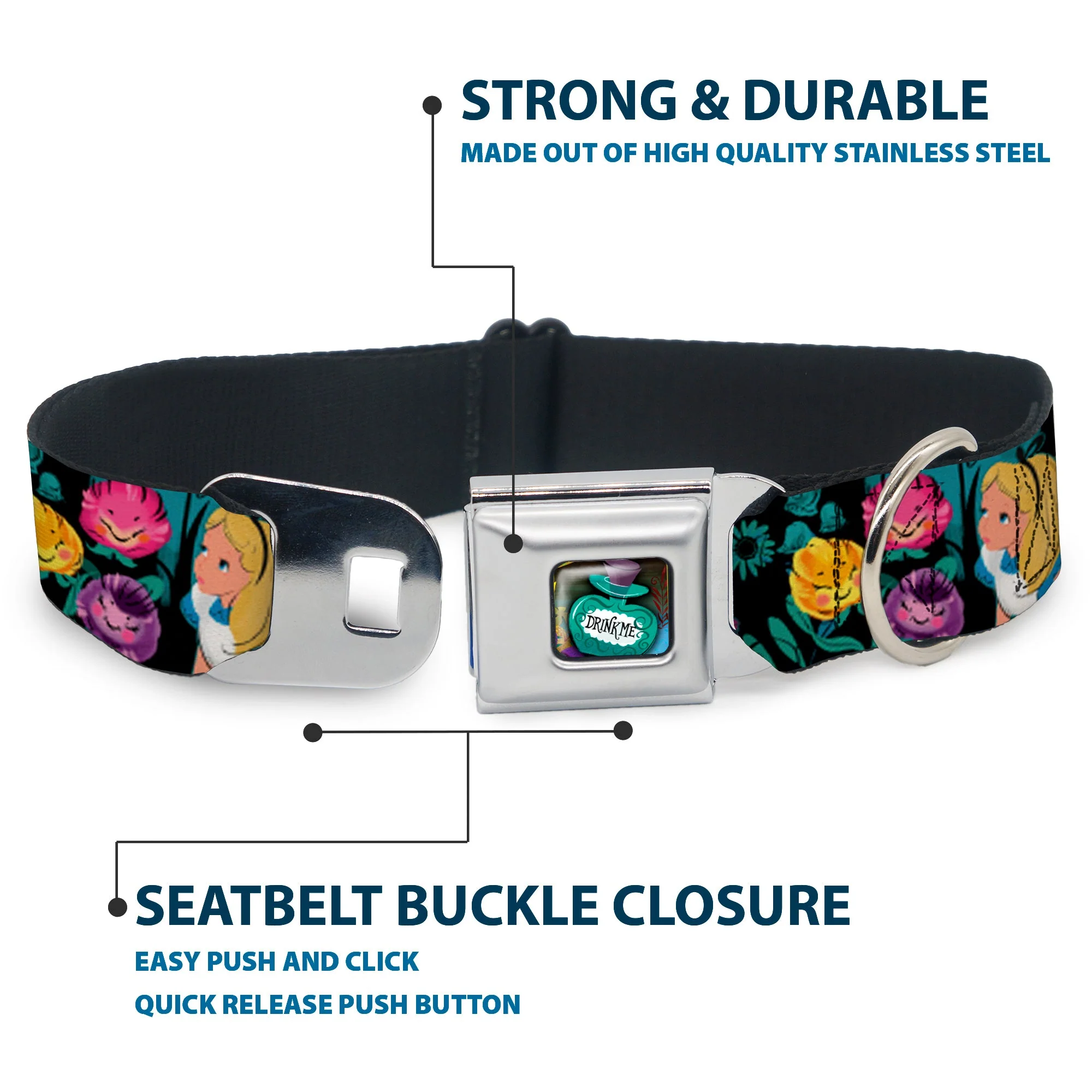 Alice in Wonderland DRINK ME Bottle Full Color Seatbelt Buckle Collar - Alice/Cheshire Cat/Flowers Poses Black/Multi Color - Image 4