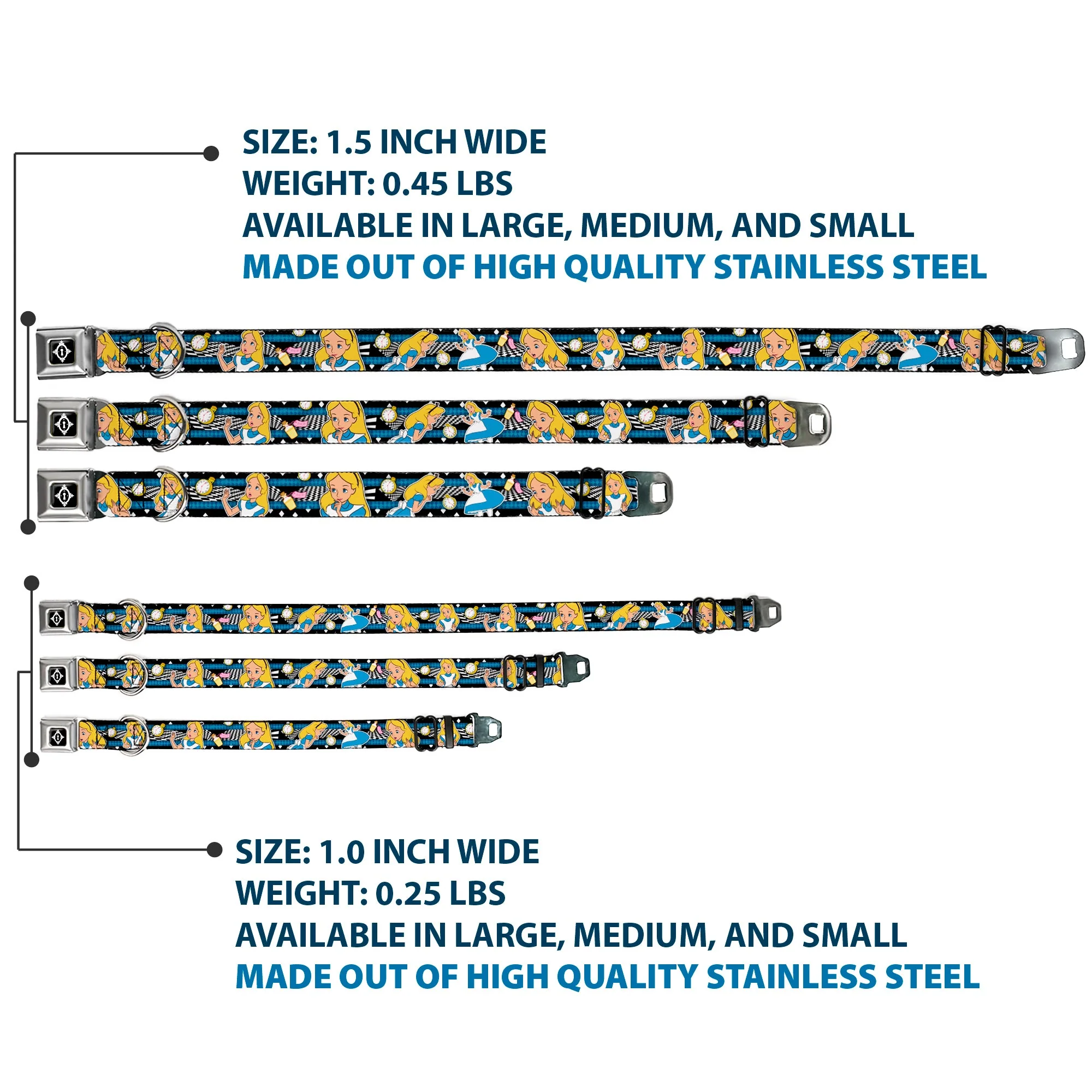 Alice Keyhole Full Color Black/White Seatbelt Buckle Collar - Alice in Wonderland Poses/Clock/Bottle Diamond/Stripe Black/White/Blues - Image 3