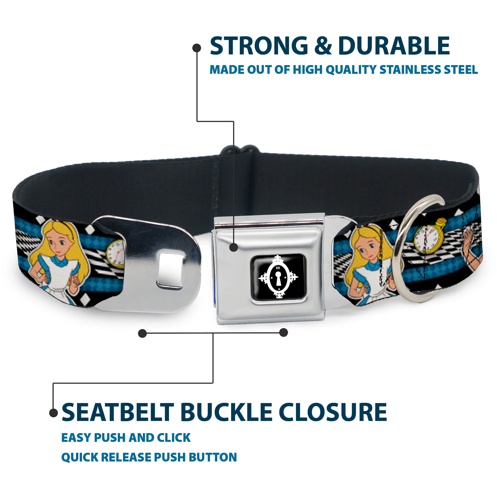 Alice Keyhole Full Color Black/White Seatbelt Buckle Collar - Alice in Wonderland Poses/Clock/Bottle Diamond/Stripe Black/White/Blues - Image 4