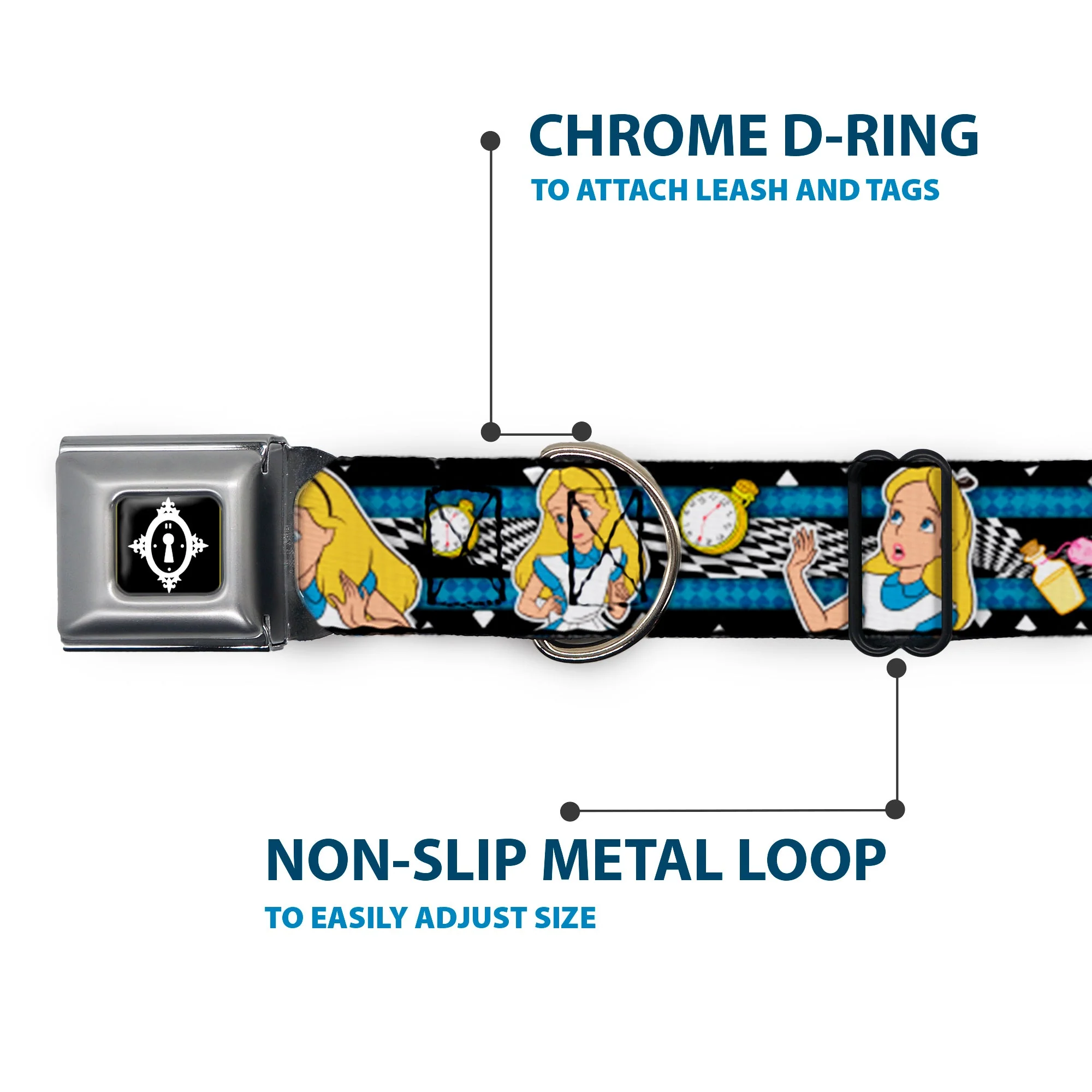 Alice Keyhole Full Color Black/White Seatbelt Buckle Collar - Alice in Wonderland Poses/Clock/Bottle Diamond/Stripe Black/White/Blues - Image 5