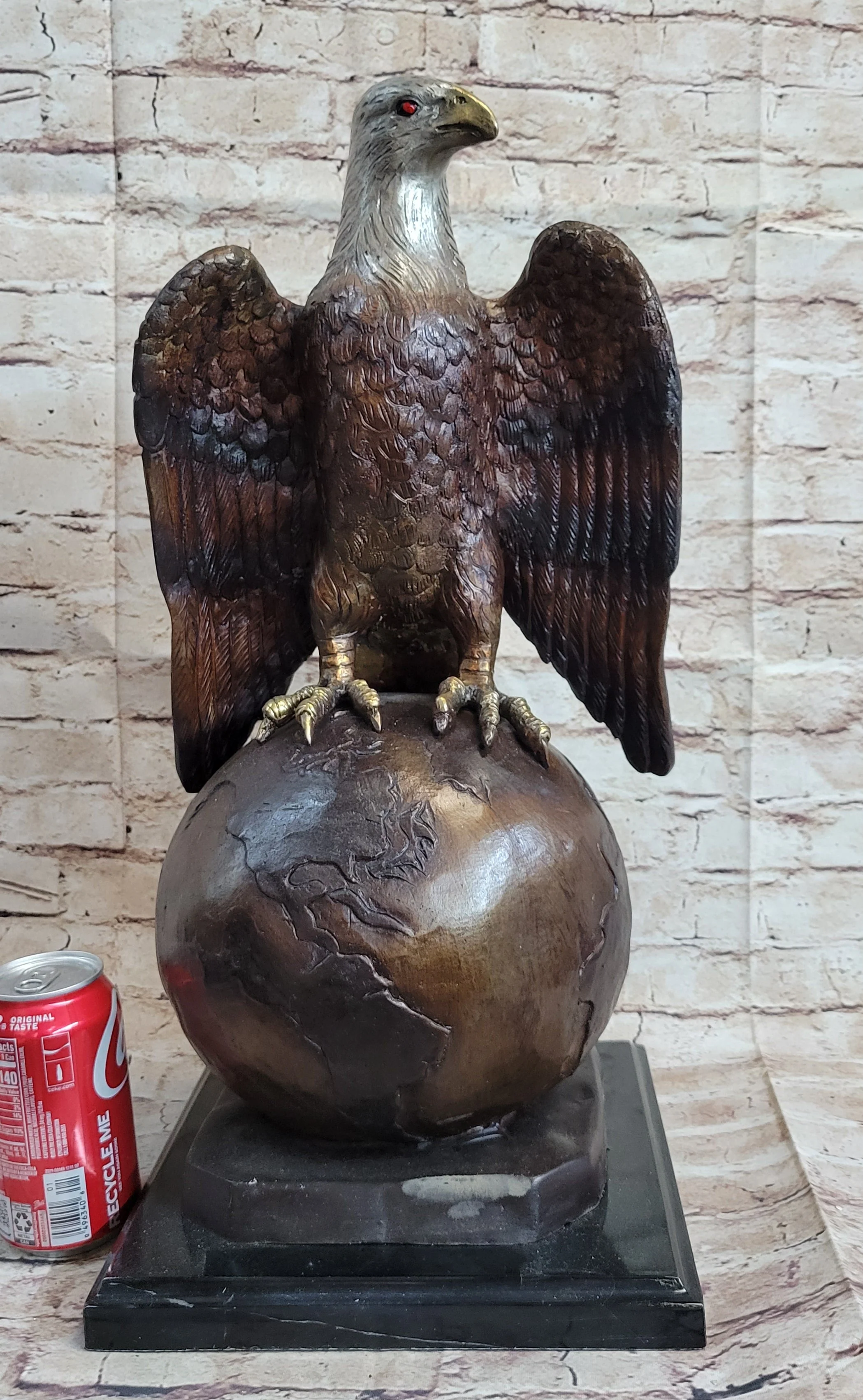 American Bald Eagle Perched on Globe Planet Earth Bronze Statue Sculpture Art - Image 2