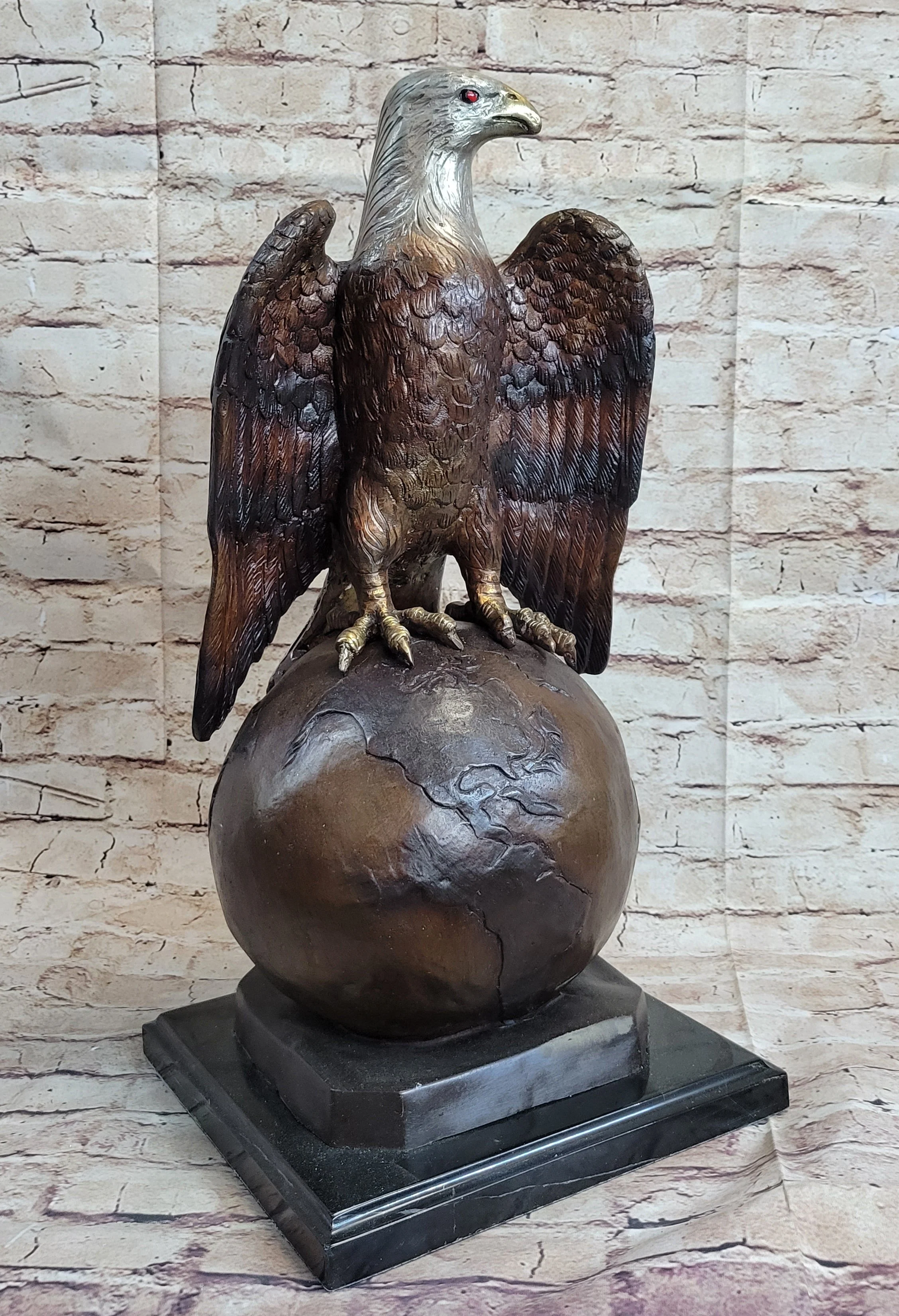 American Bald Eagle Perched on Globe Planet Earth Bronze Statue Sculpture Art - Image 3