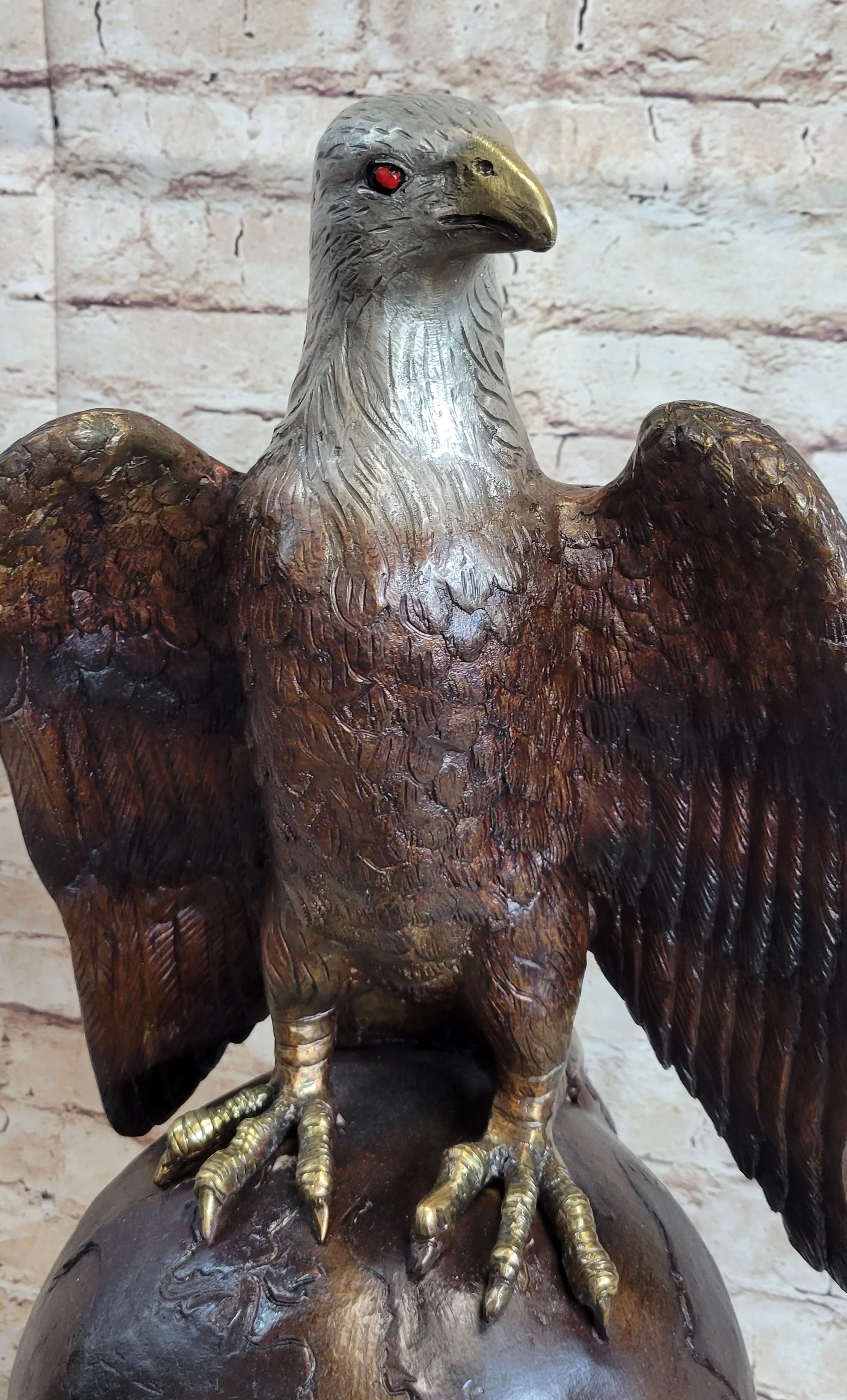 American Bald Eagle Perched on Globe Planet Earth Bronze Statue Sculpture Art - Image 6