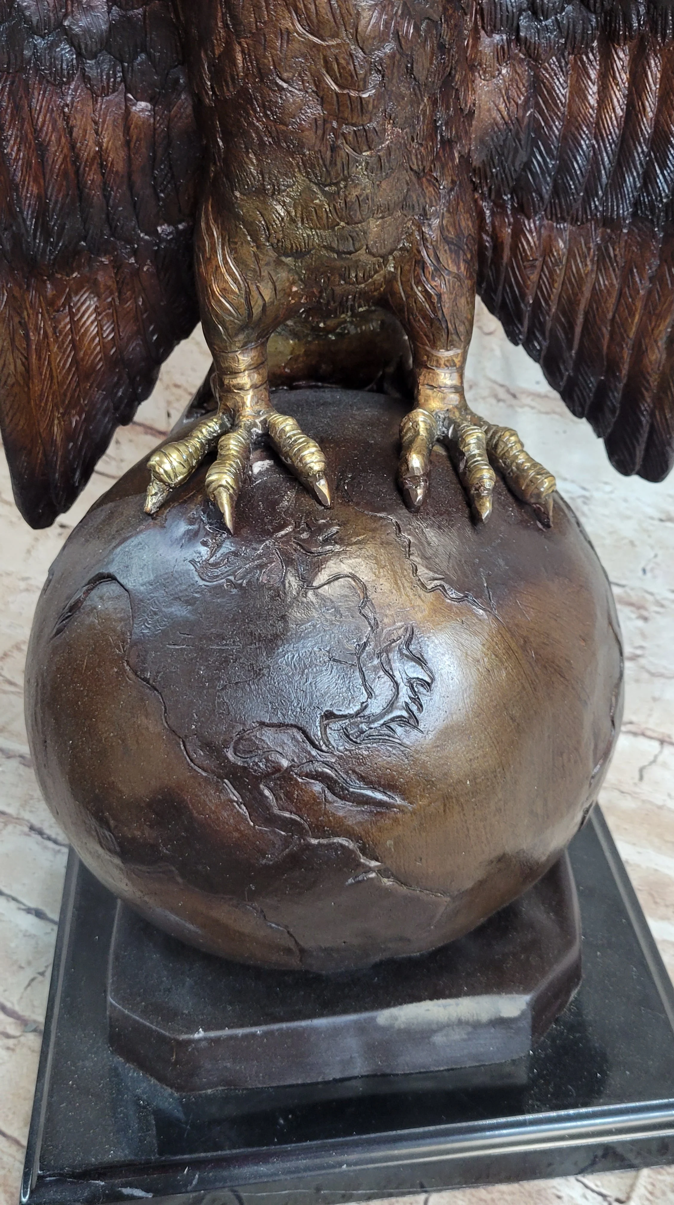 American Bald Eagle Perched on Globe Planet Earth Bronze Statue Sculpture Art - Image 8