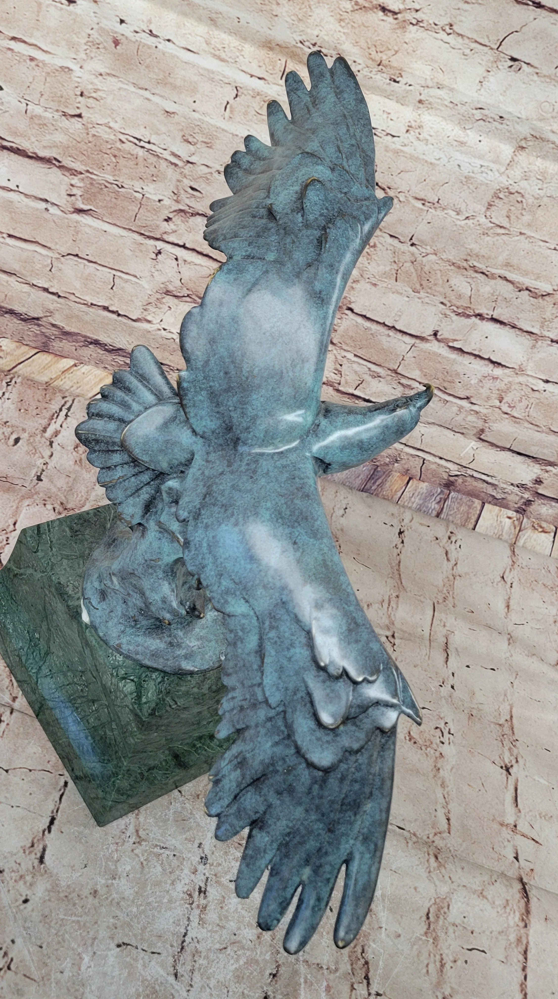 American Bald Eagle Wings Spread Green Bronze Sculpture Statue on Marble Base - Image 6