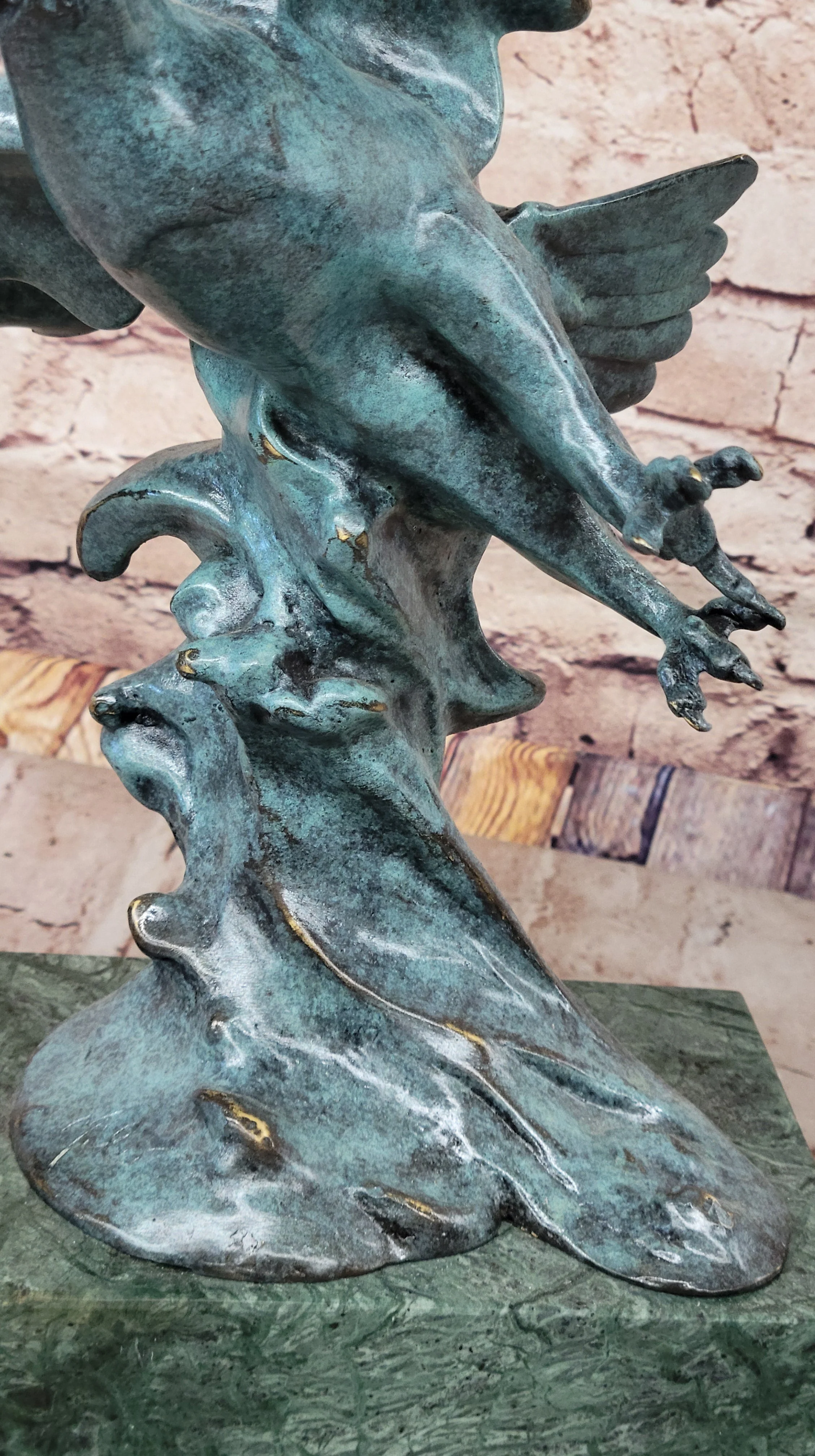 American Bald Eagle Wings Spread Green Bronze Sculpture Statue on Marble Base - Image 8