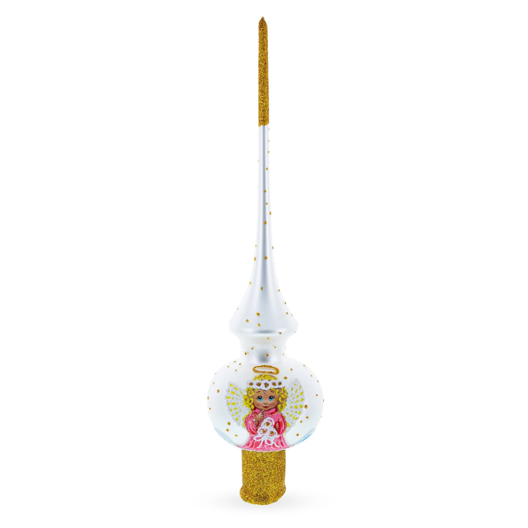Angel on White Golden Flowers Bouquet Glass Christmas Tree Topper 11 Inches