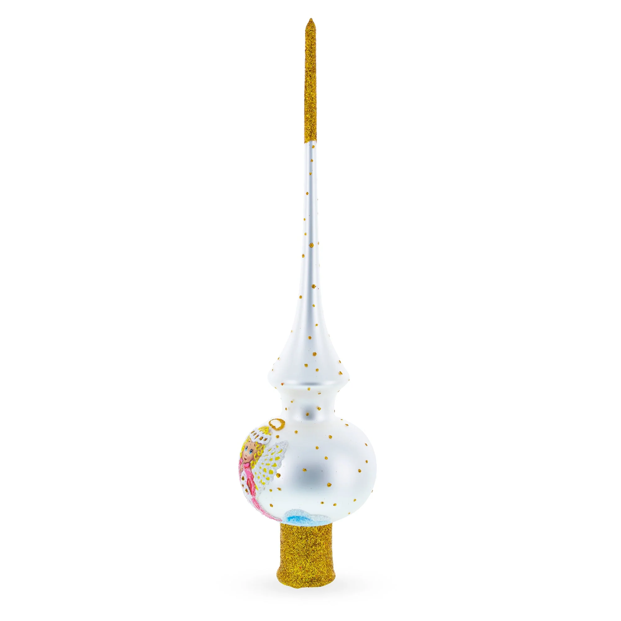 Angel on White Golden Flowers Bouquet Glass Christmas Tree Topper 11 Inches - Image 2
