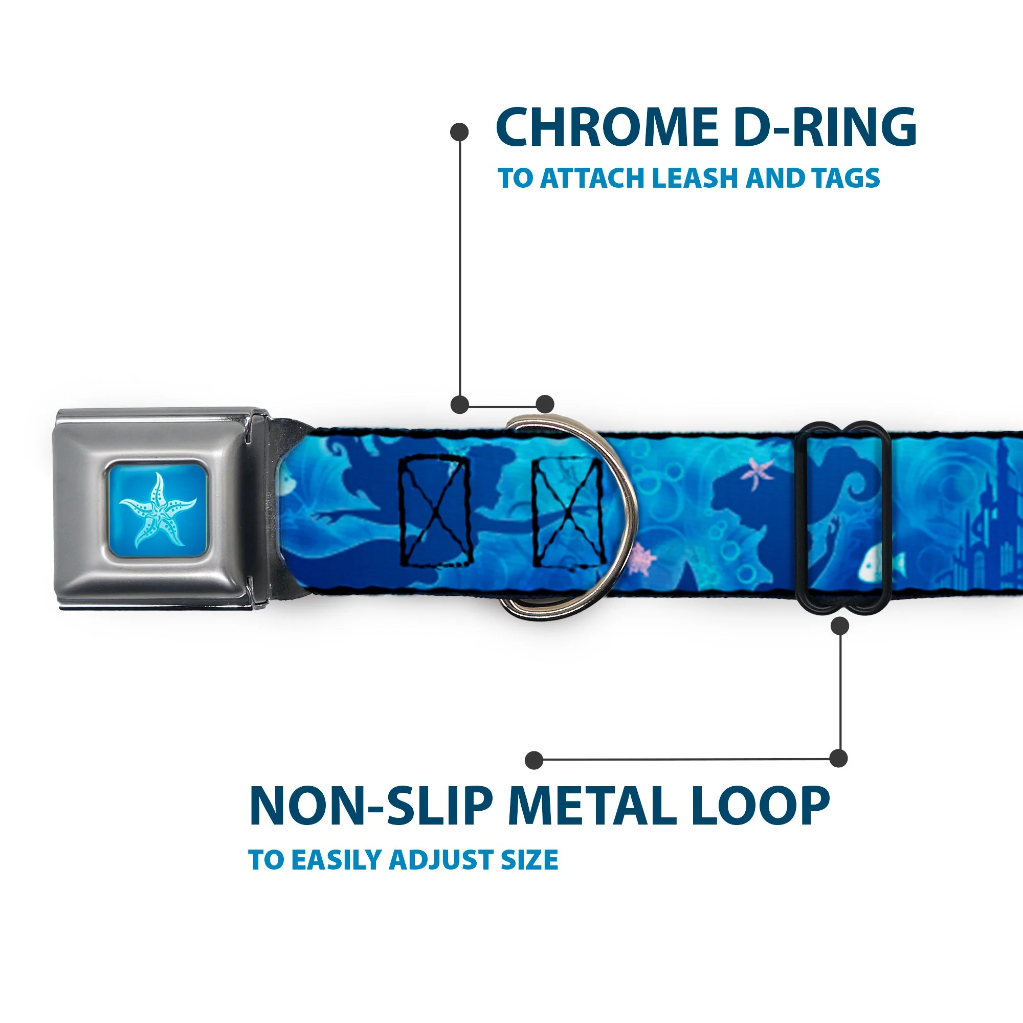 Ariel Daydreaming Full Color Blues Seatbelt Buckle Collar - Ariel Silhouette Poses/Castle Blues - Image 5