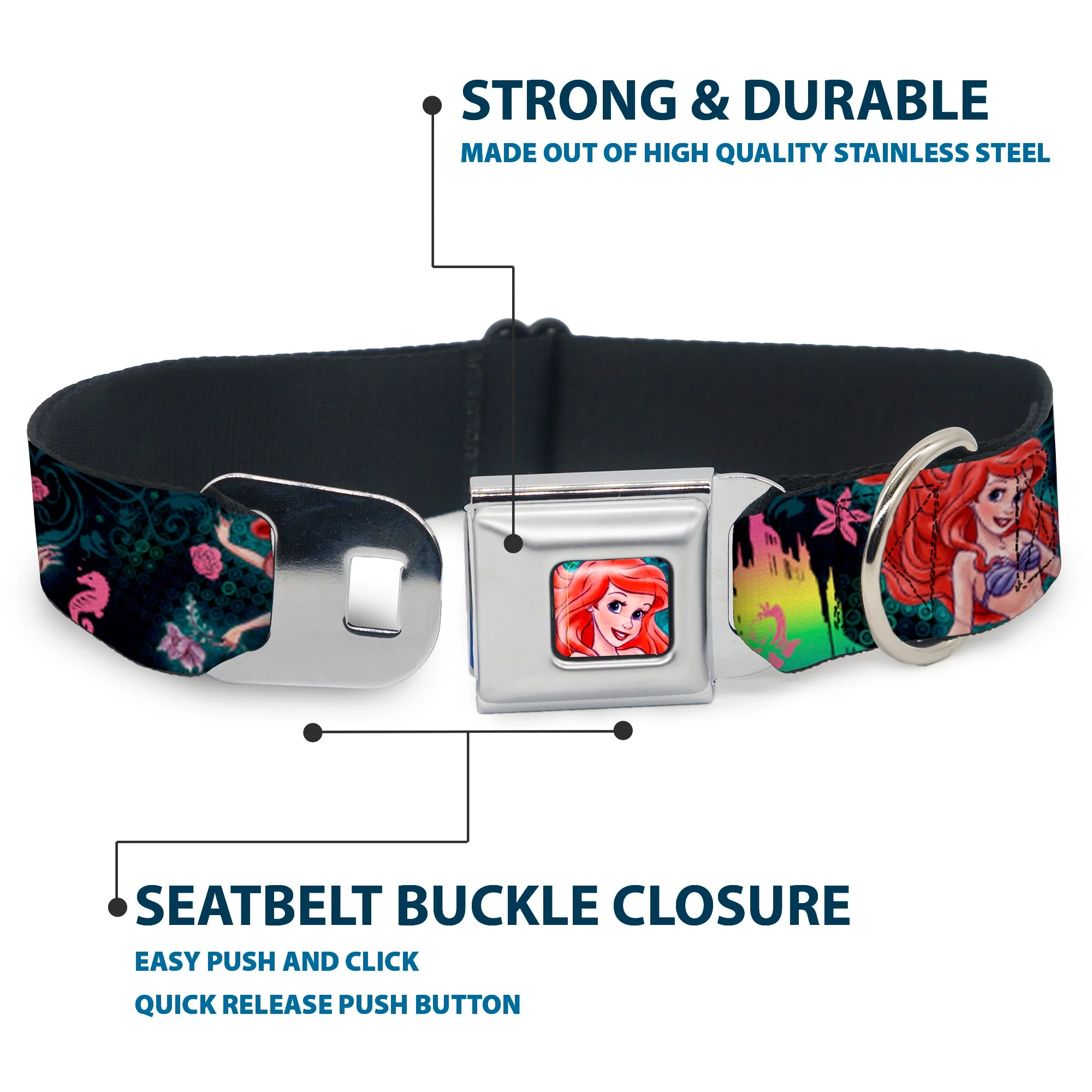 Ariel Face Full Color Turquoise Seatbelt Buckle Collar - Ariel Underwater Poses/Palace Silhouette - Image 4