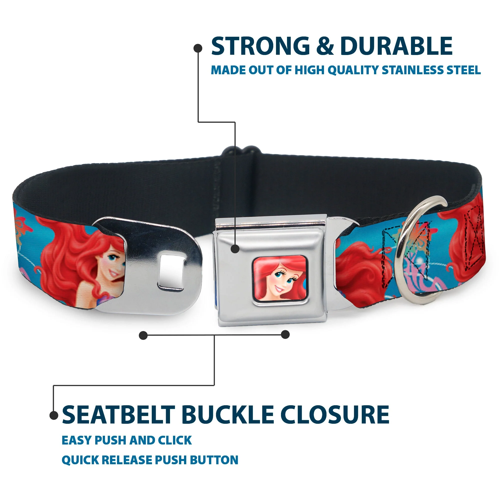 Ariel Face3 Full Color Blue Seatbelt Buckle Collar - Ariel & Flounder Vivid Underwater Poses - Image 4