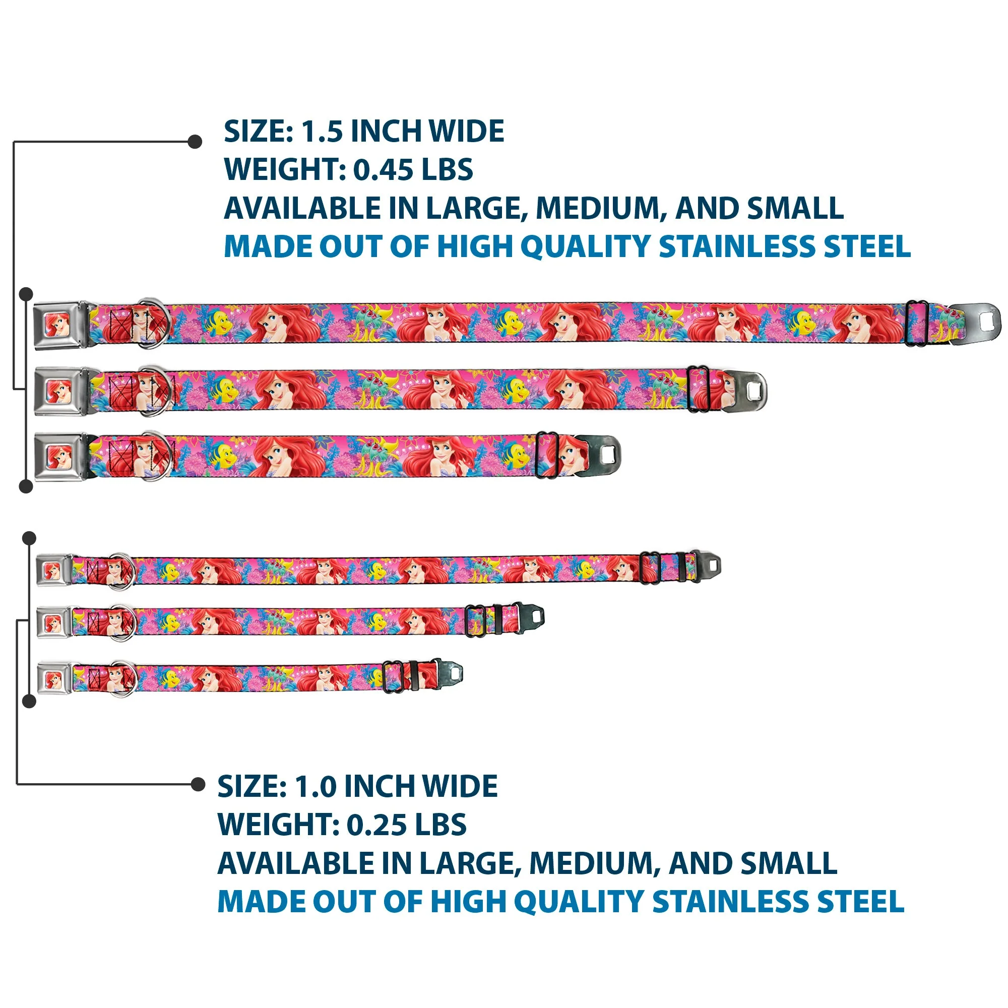 Ariel Face4 Full Color Pink Blue Seatbelt Buckle Collar - Ariel/Flounder/Fish Trio Poses Pinks - Image 3