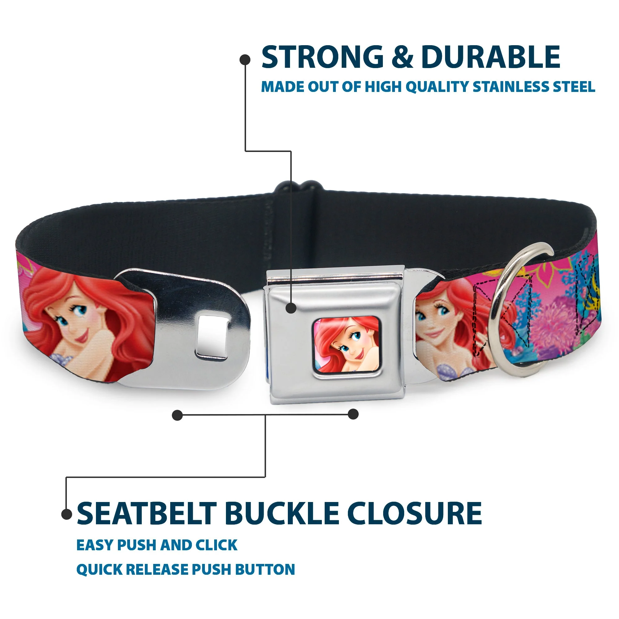 Ariel Face4 Full Color Pink Blue Seatbelt Buckle Collar - Ariel/Flounder/Fish Trio Poses Pinks - Image 4