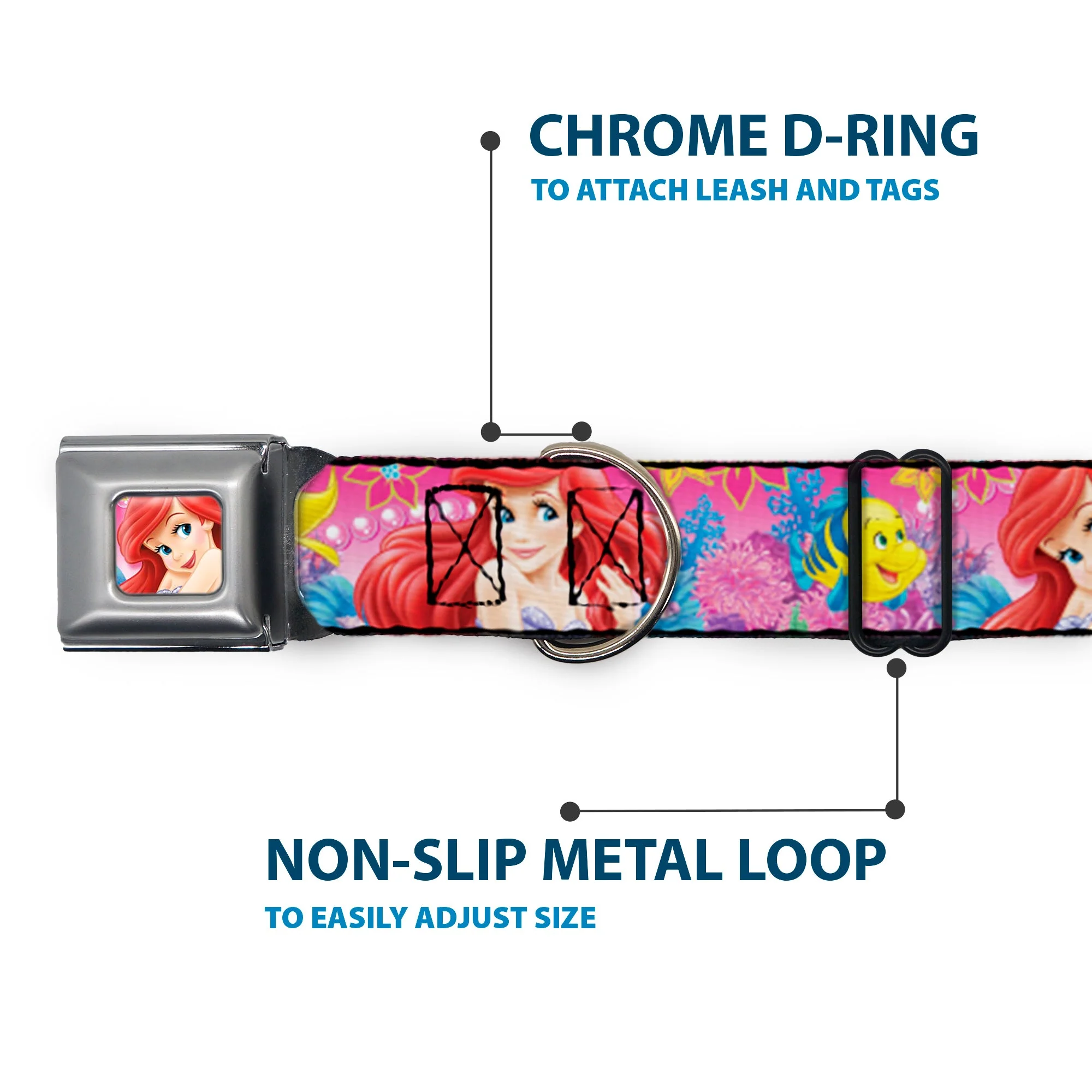 Ariel Face4 Full Color Pink Blue Seatbelt Buckle Collar - Ariel/Flounder/Fish Trio Poses Pinks - Image 5