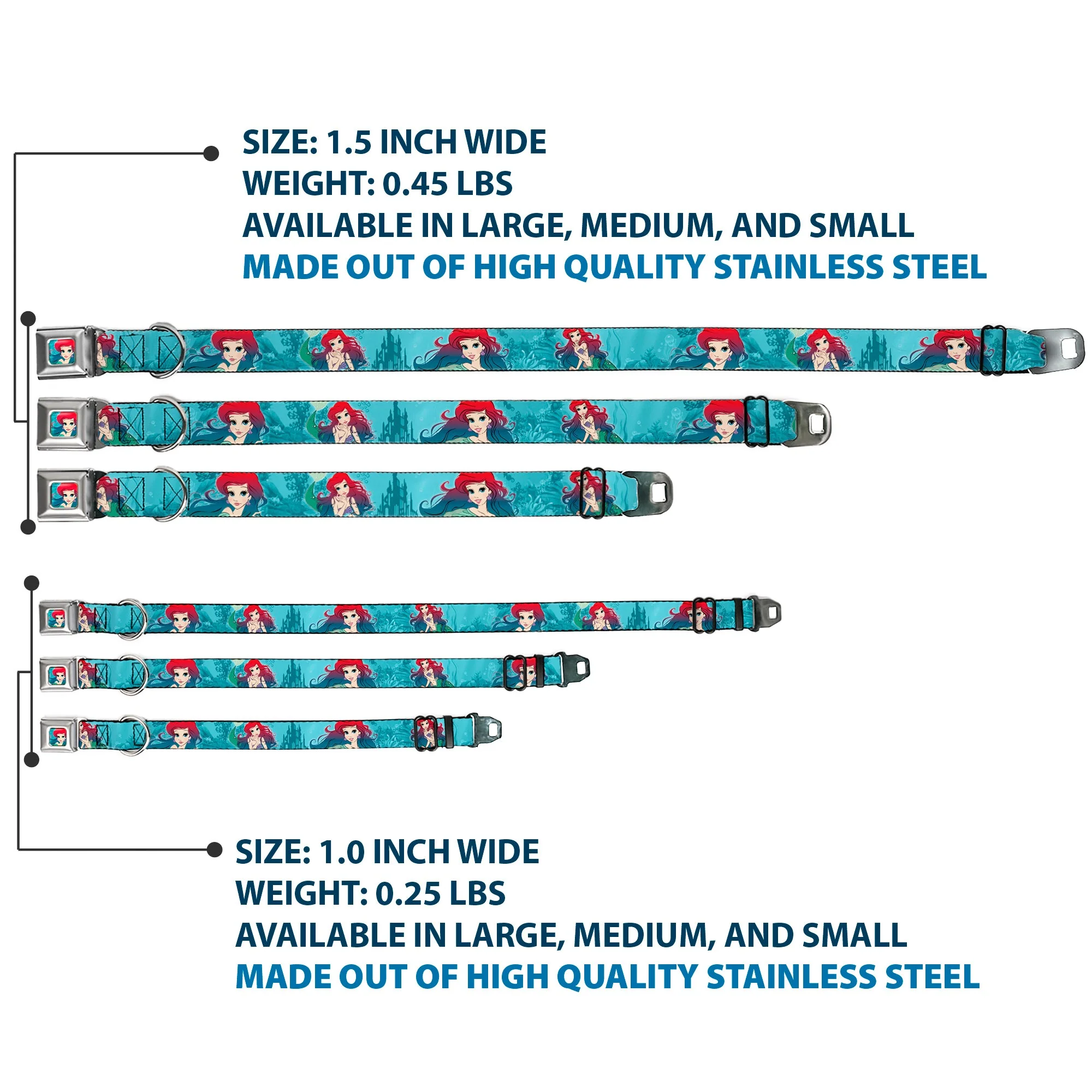 Ariel Face6 Turquoise Full Color Blues Seatbelt Buckle Collar - Ariel Poses Coral & Castle Blues/Reds - Image 3