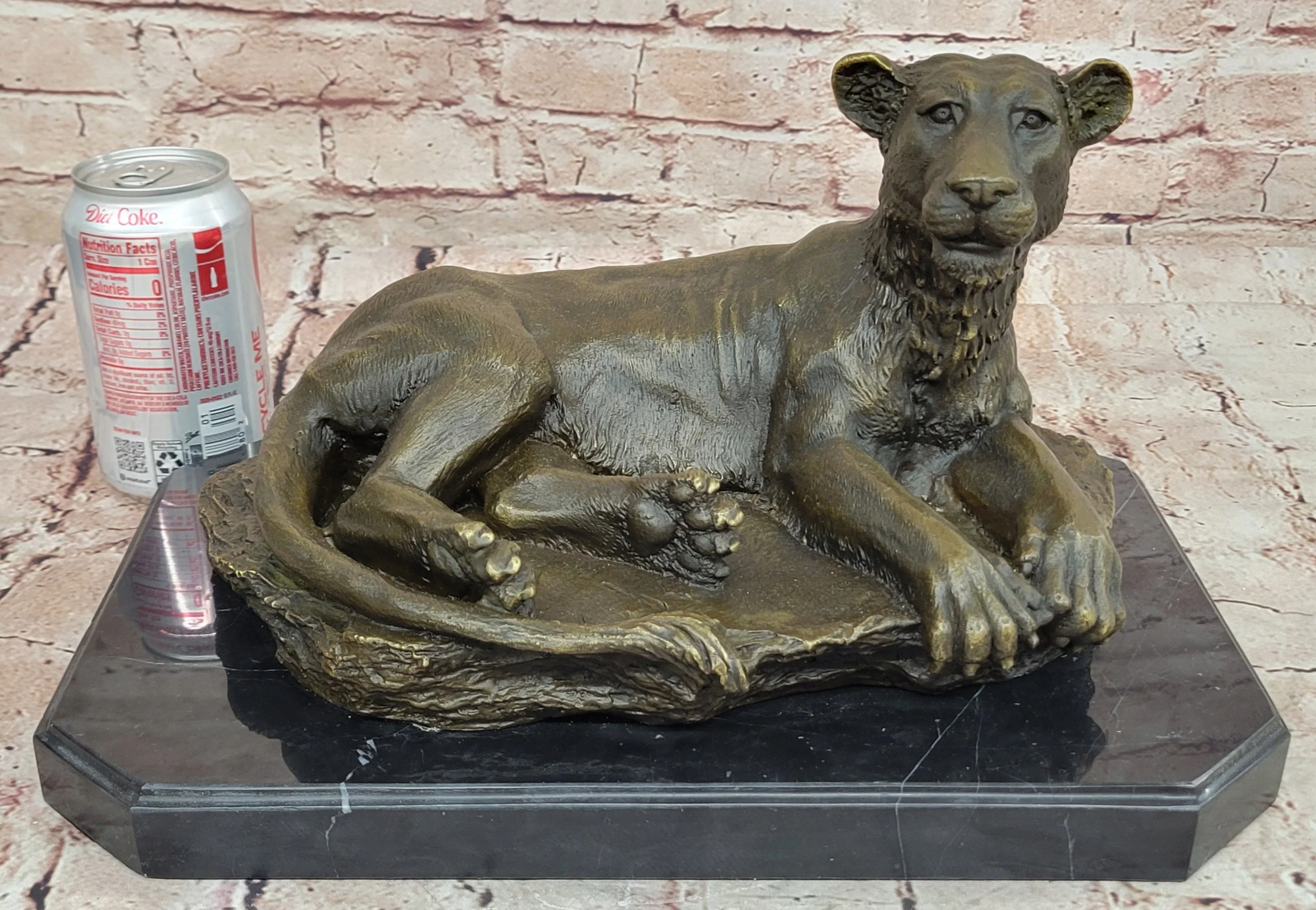 Art Deco Large Female African Wildlife Lion Bronze Sculpture Marble Statue Decor - Image 2