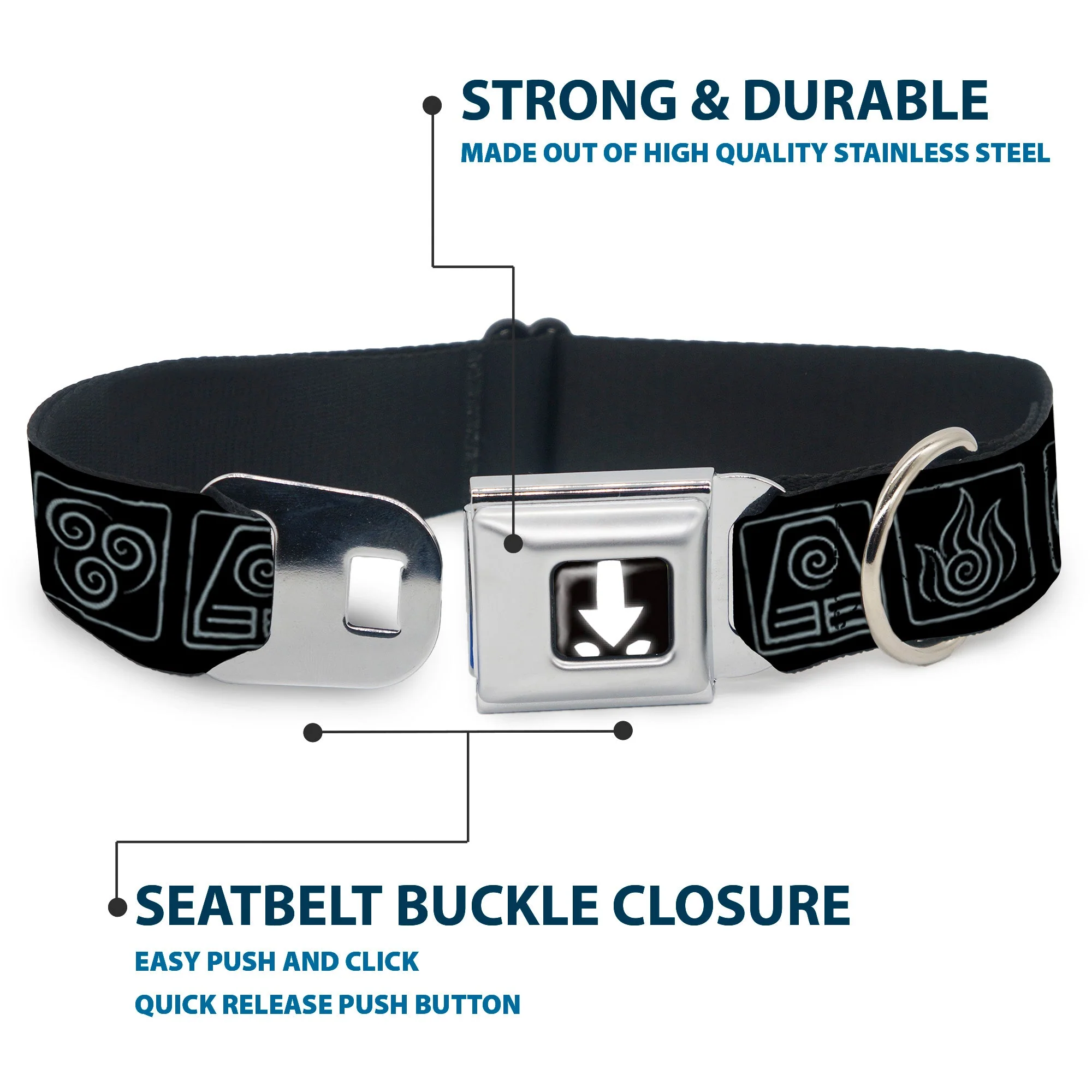 Avatar the Last Airbender Aang Glowing Arrow/Eyes Full Color Black/White Seatbelt Buckle Collar - Avatar the Last Airbender Bending Elements Icons Black/Gray - Image 4