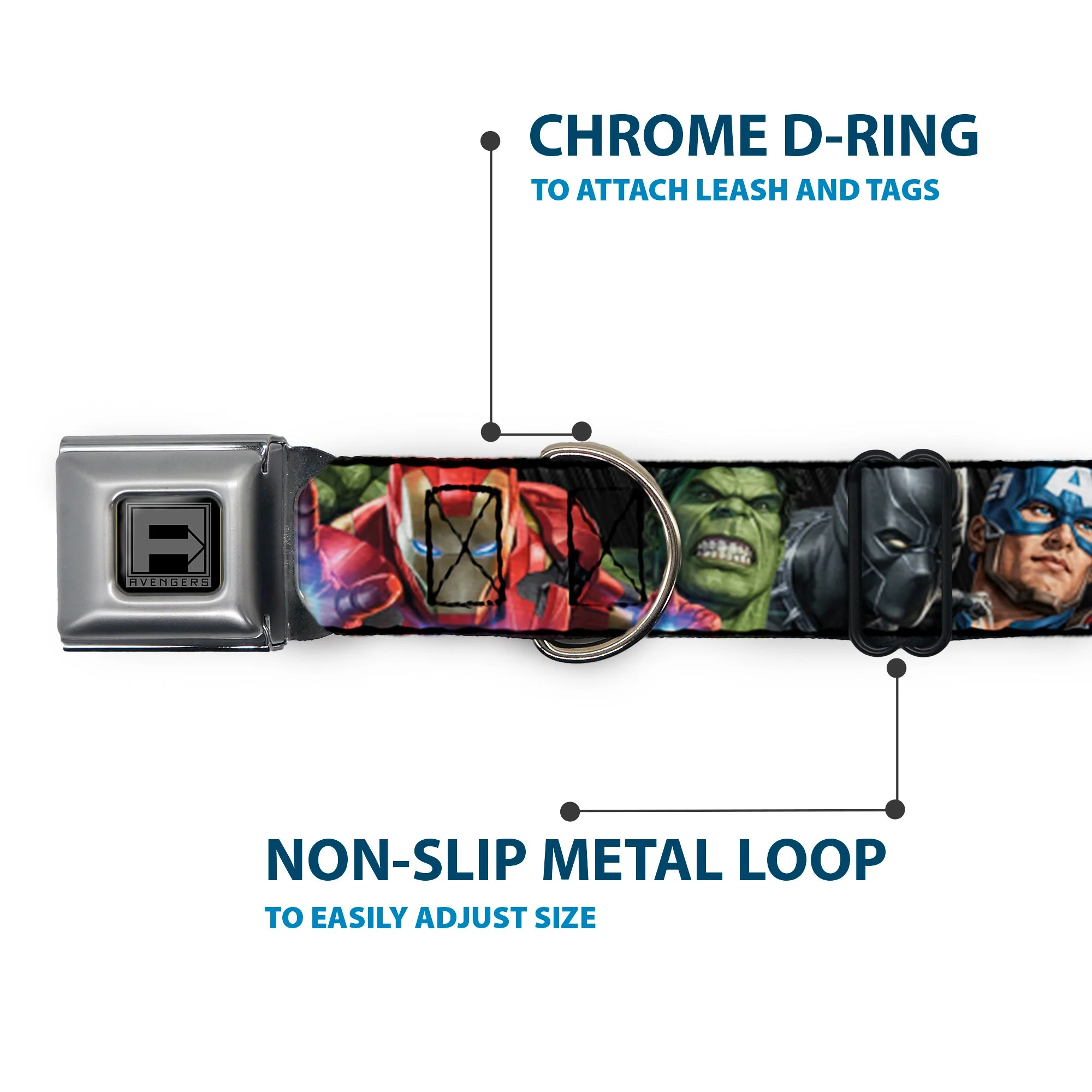 AVENGERS Block Logo Full Color Black/White Seatbelt Buckle Collar - 7-Vivid Avengers Action Poses - Image 5