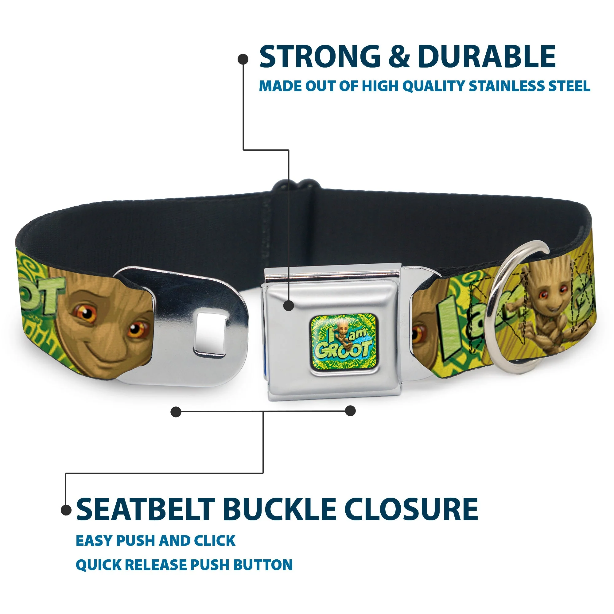 Baby Groot Running Pose I AM GROOT Full Color Greens/Yellows Seatbelt Buckle Collar - Baby Groot Pose/Face I AM GROOT Browns/Greens/Yellows - Image 4