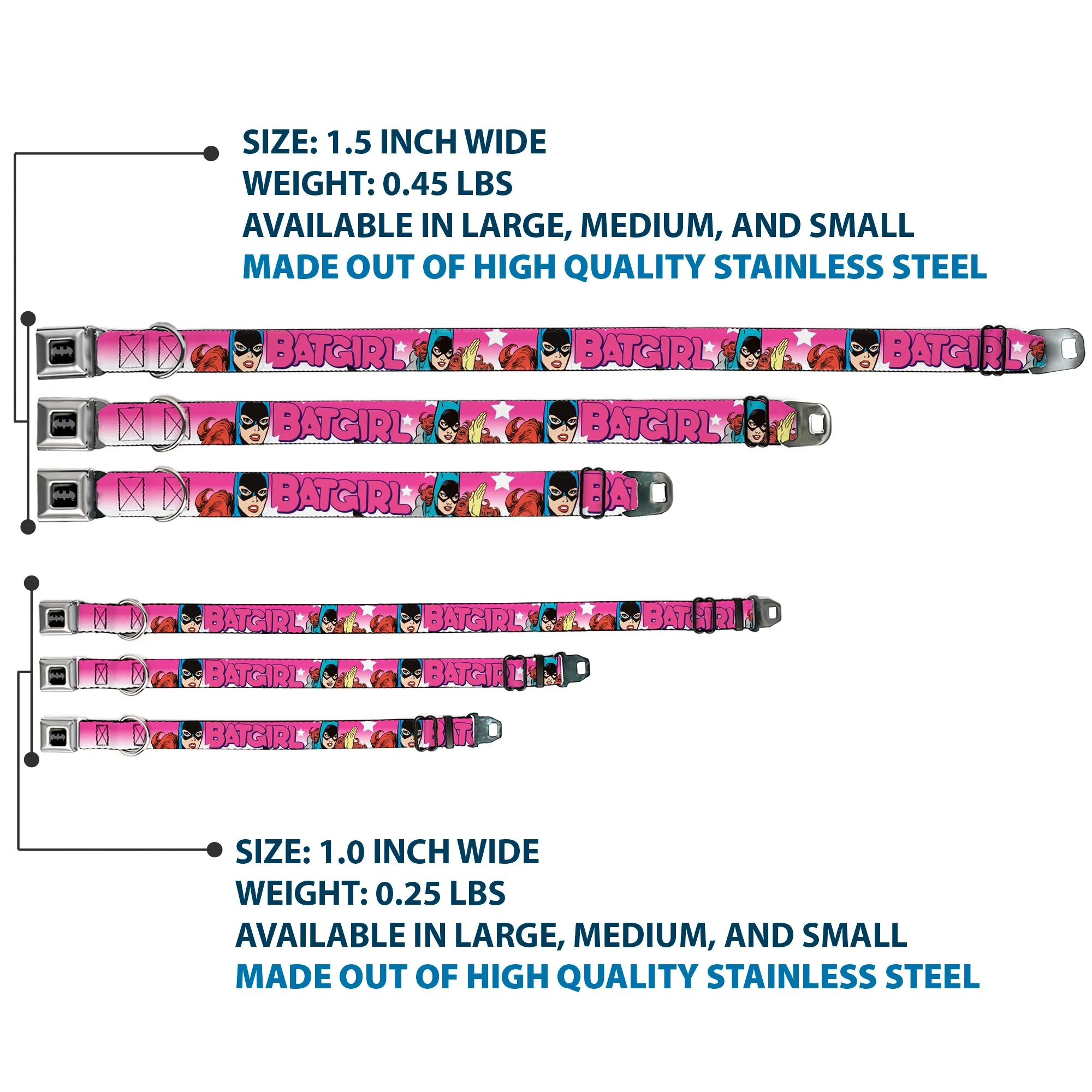 Batman Black/Silver Seatbelt Buckle Collar - BATGIRL Bubble Letters w/Stars Pink/White - Image 3