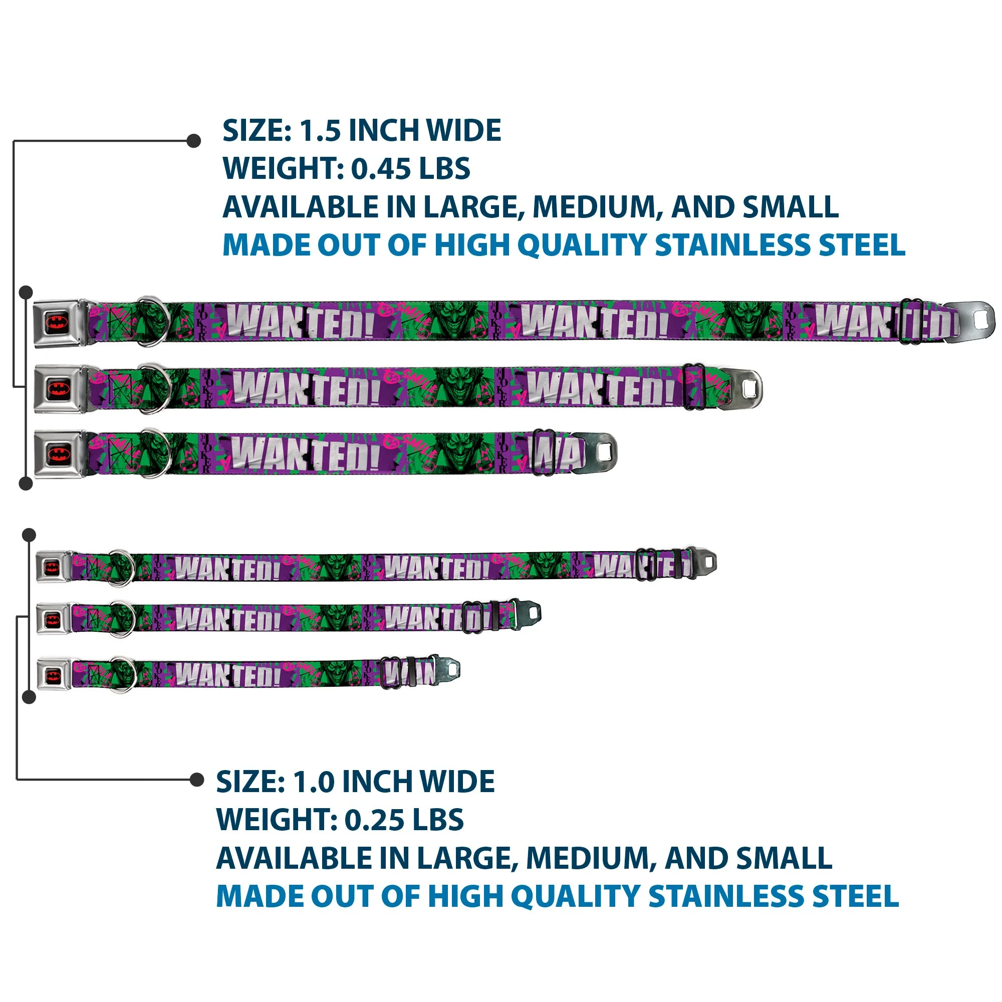 Batman Black/Yellow Seatbelt Buckle Collar - THE JOKER WANTED Smiling Pose and Graffiti Purples/Greens - Image 3