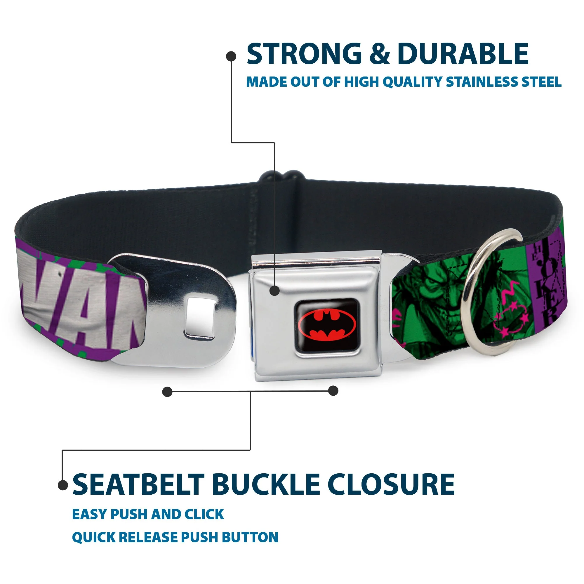 Batman Black/Yellow Seatbelt Buckle Collar - THE JOKER WANTED Smiling Pose and Graffiti Purples/Greens - Image 4