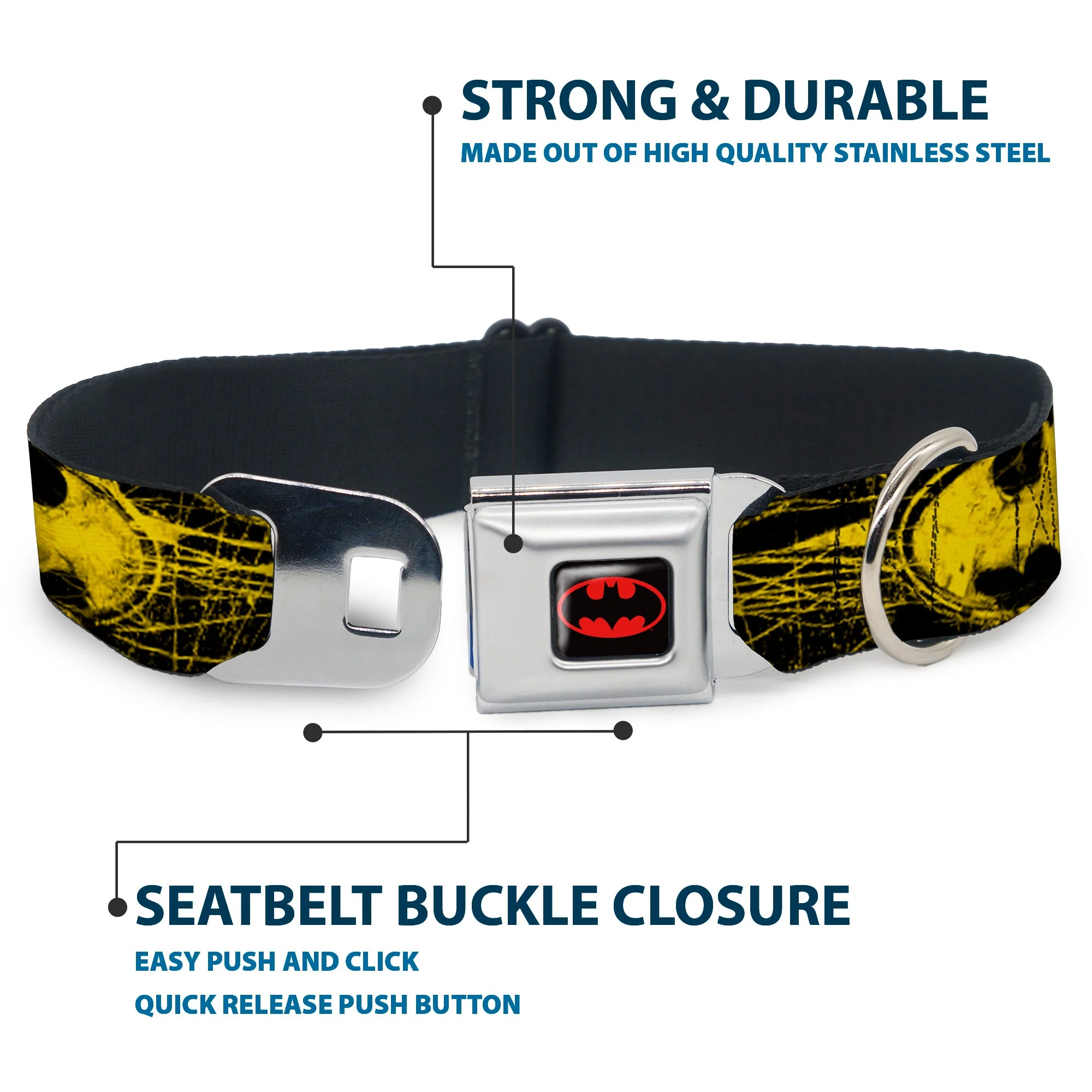 Batman Full Color Black Yellow Seatbelt Buckle Collar - Batman Shield CLOSE-UP Sketch Black/Yellow - Image 4