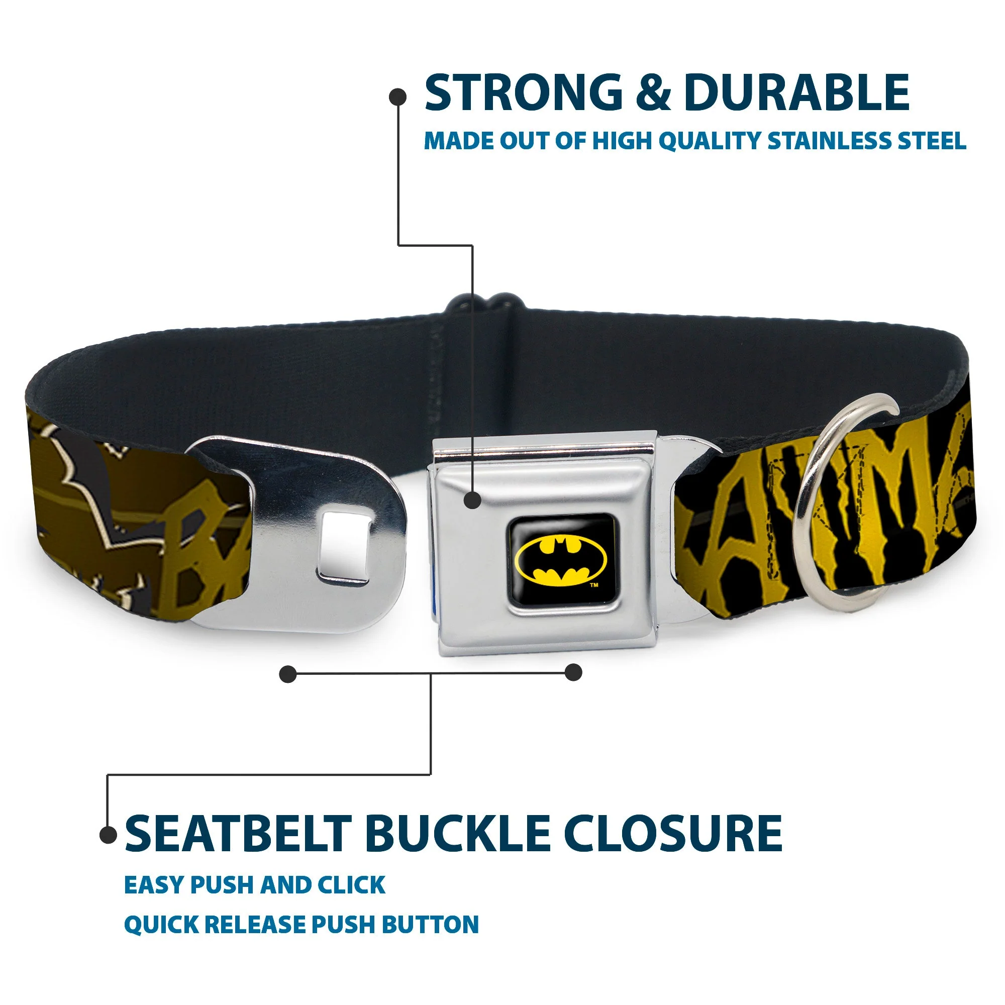 Batman Full Color Black Yellow Seatbelt Buckle Collar - BATMAN w/Bat Signals & Flying Bats Yellow/Black/White - Image 4